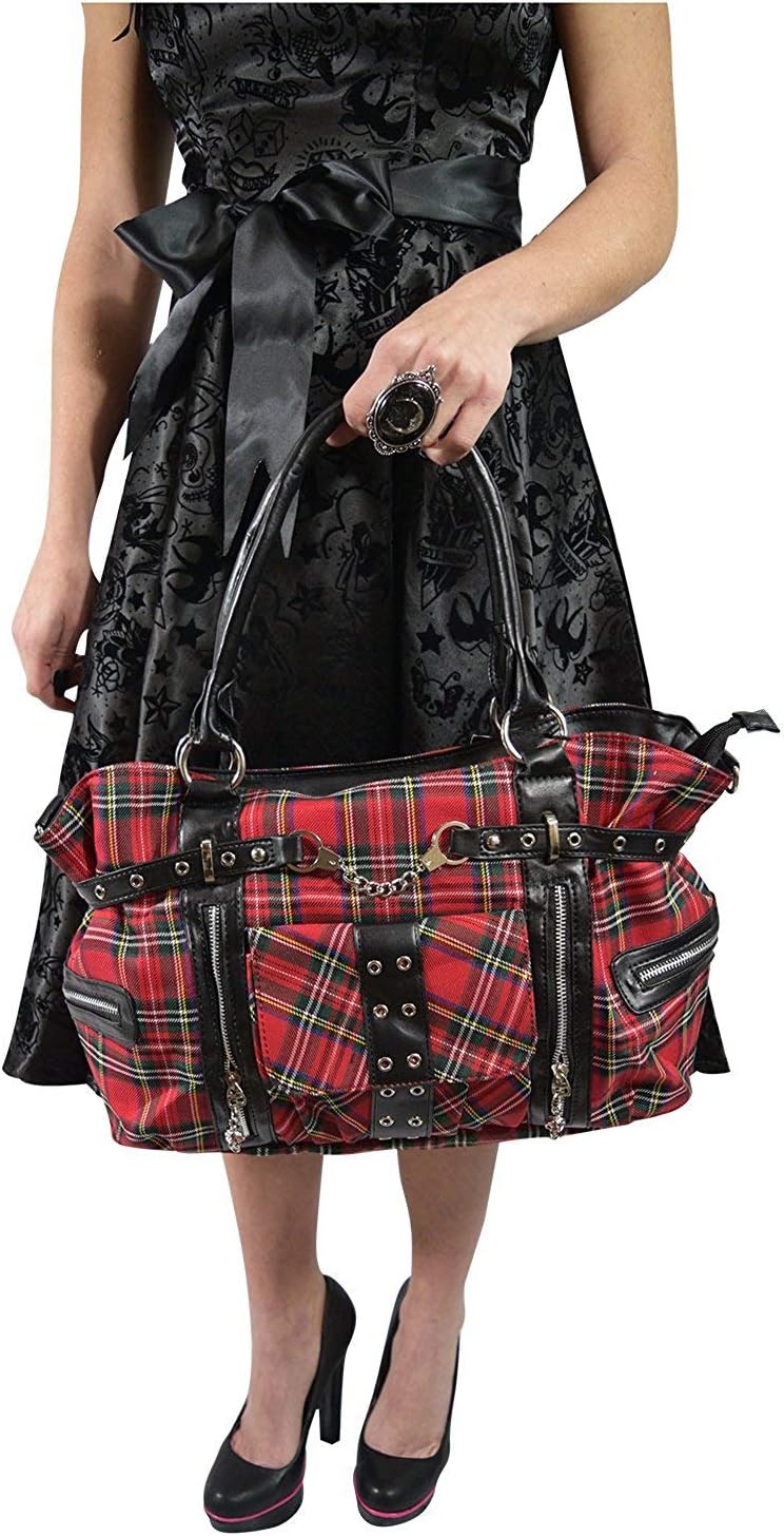 Lost Queen Red Royal Stewart tartan Plaid Punk Rock Purse with Handcuff Skull Charm, Large