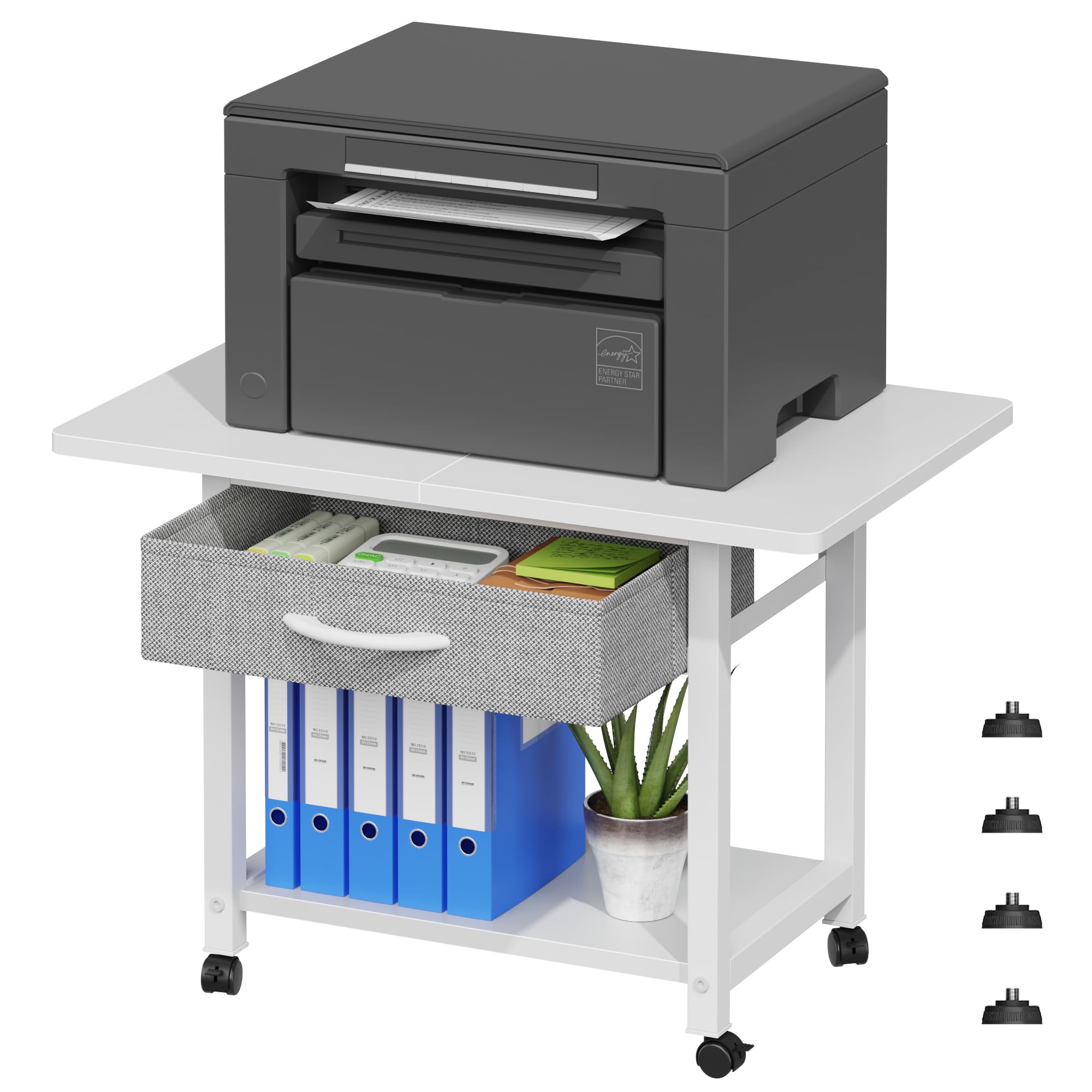 OYRREU Druckertisch mit Rollen, 56x38cm Mobiler Druckerständer Schreibtisch mit Stoffschublade, Home Office Druckerhalter Büro Druckerwagen Drucker Regal, Printer Stand, Weiß