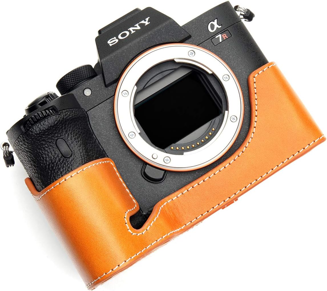 A7R IV Camera Case, BolinUS Handmade Genuine Real Leather Half Camera Case Bag Cover for Sony Alpha A7R IV Camera Bottom Opening Version + Hand Strap (Brown)