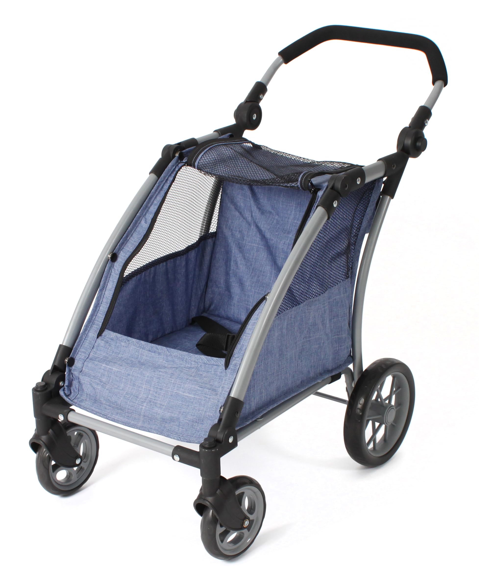 Bayer Chic 2000 Roadster | Zwillings-Puppenwagen Jeans Blue | Verstellbar, 72 x 40 x 64 cm | Sportlicher Puppentrailer für 2 Puppen (bis 46 cm). Höhenverstellbarer Schieber (33–71 cm). Jeans Blue. Robust & Chic.