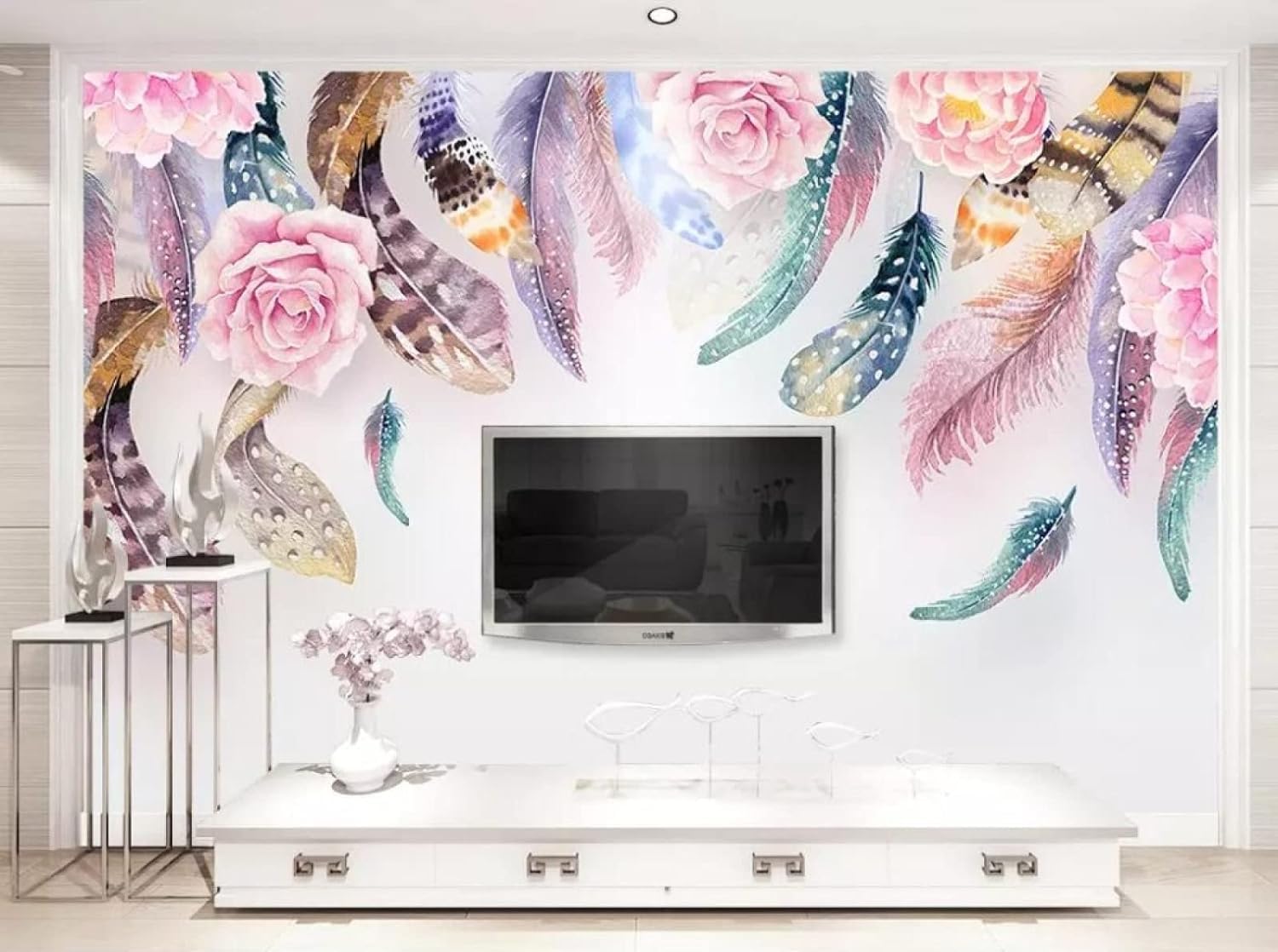 Papier peint 3D autocollant et amovible grand sticker mural lessivable effet fleurs et feuilles