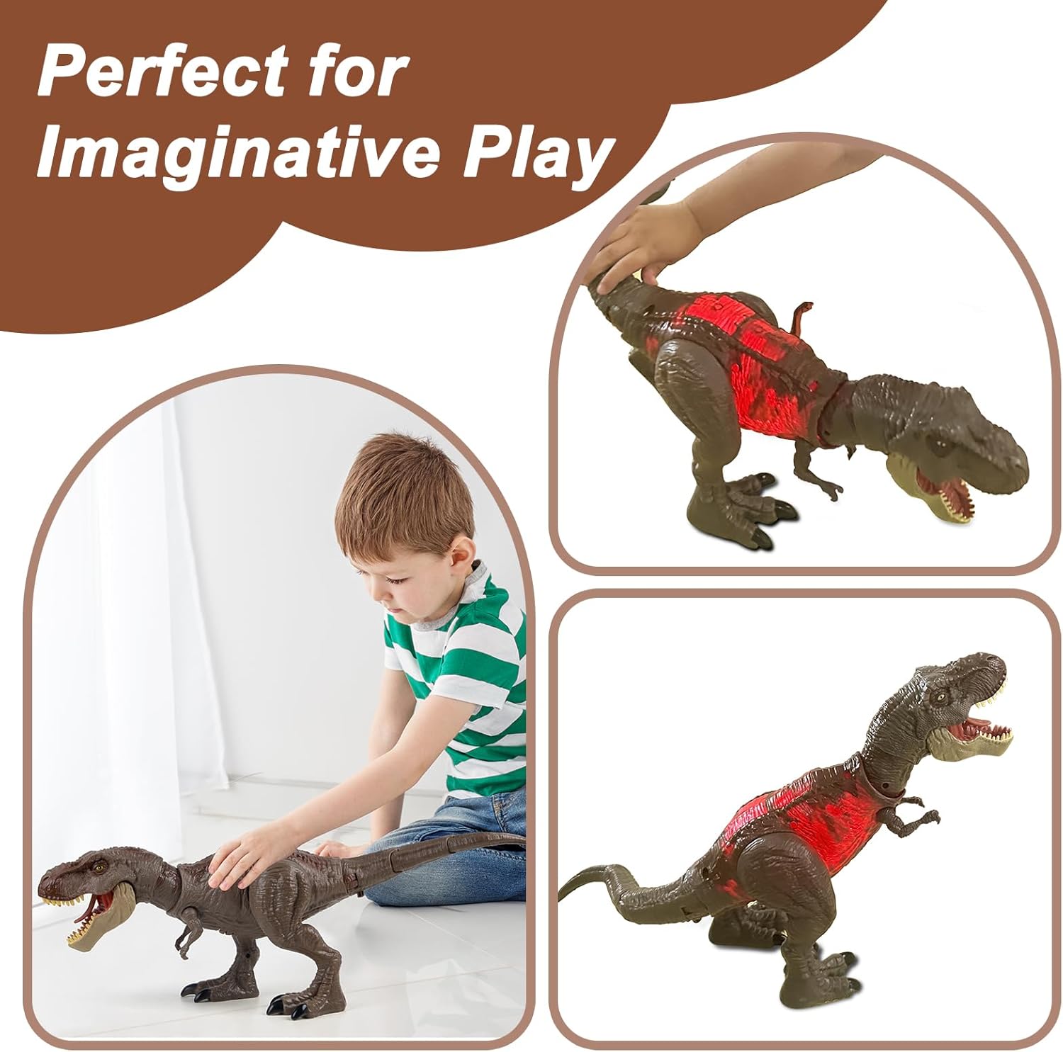 T Rex Action Figure Dinosaur Toys for Kids- Tyrannosaurus Rex Toy with Continuing Head Strike, Snapping Chomp Attack, Roar Sound, Light Up, Tail Flick Attack, Birthday, for Kids 3-8