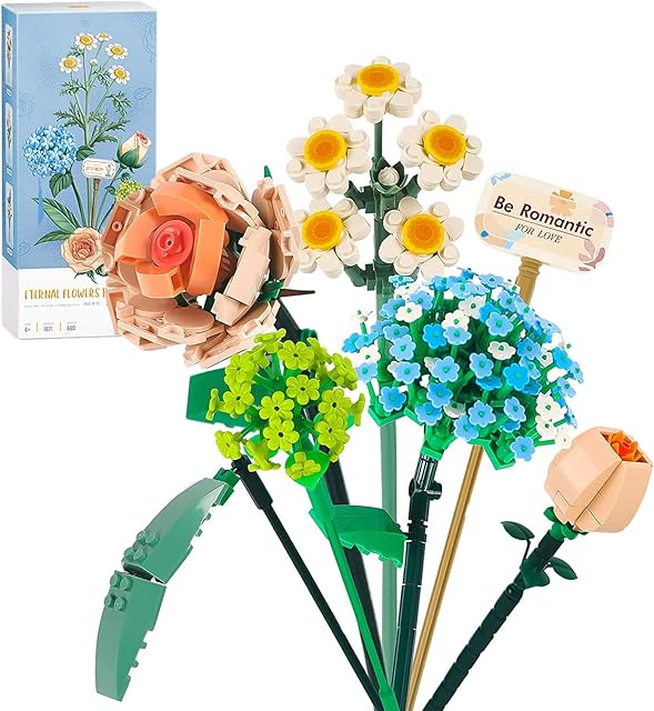 JUTTAUTO Flower Bouquet Building, Artificial Flowers, DIY Unique Creative Project for Adults, Decoration Home, Botanical Collection Not Compatible with Lego 680 PCS (Chamomile/Hydrangea/Rose/Rosebud)