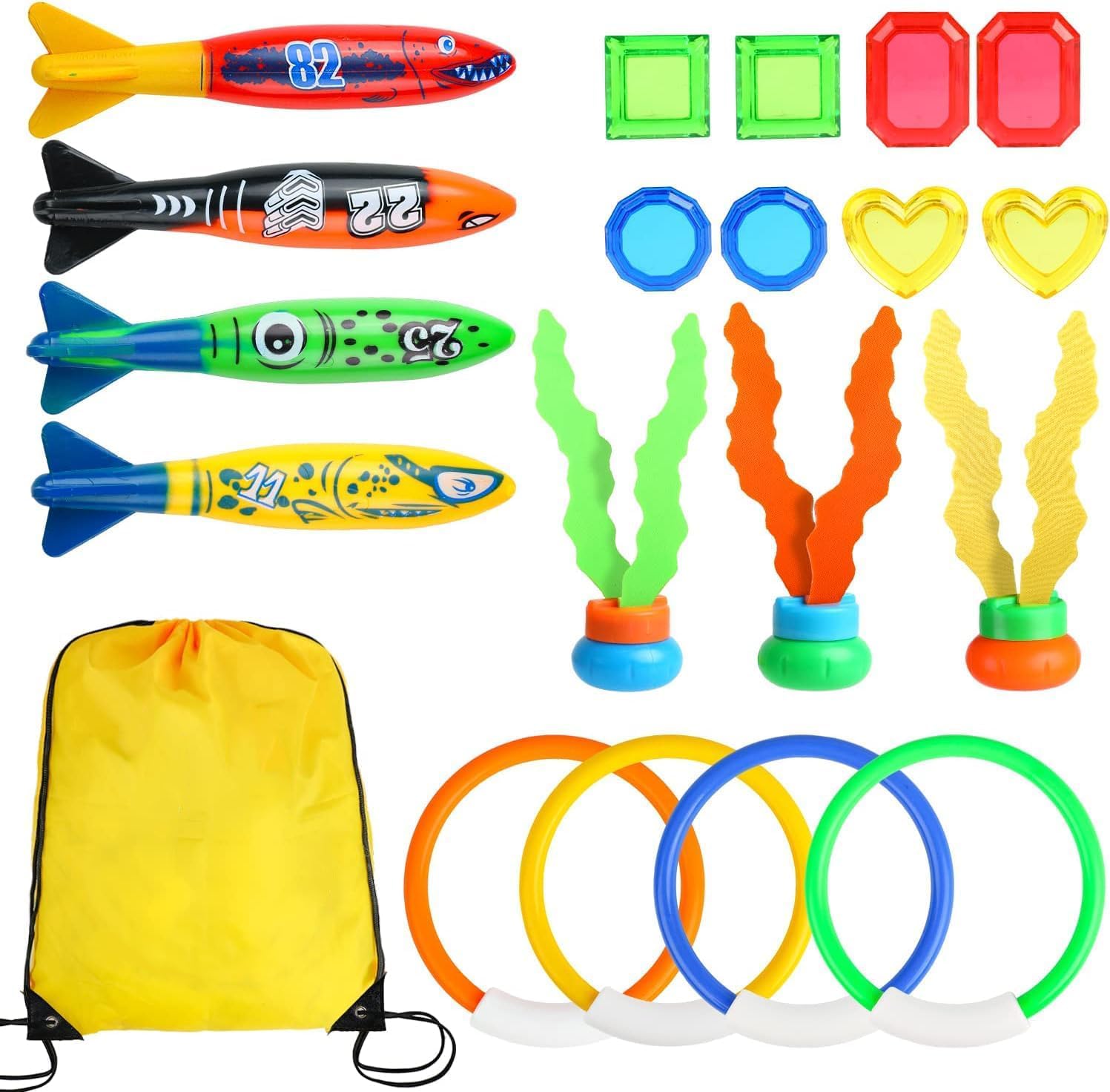 DERAYEE 20pcs Jouet de Plongée,Jouets Piscine Enfant avec Torpilles & Anneaux & Algues & Diamants