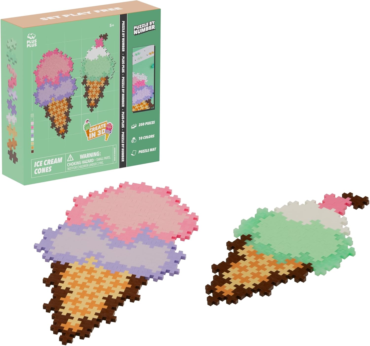 PLUS PLUS Puzzle By Number, Ice Cream Cones - 250 Piece Mini Interlocking Hashtag Color Blocks, 3D Pixel Art Kit for Kids