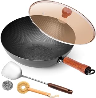 WANGYUANJI 12.6-Inch Wok Pan with Lid, Flat Bottom Wok with Detachable Wooden Handle