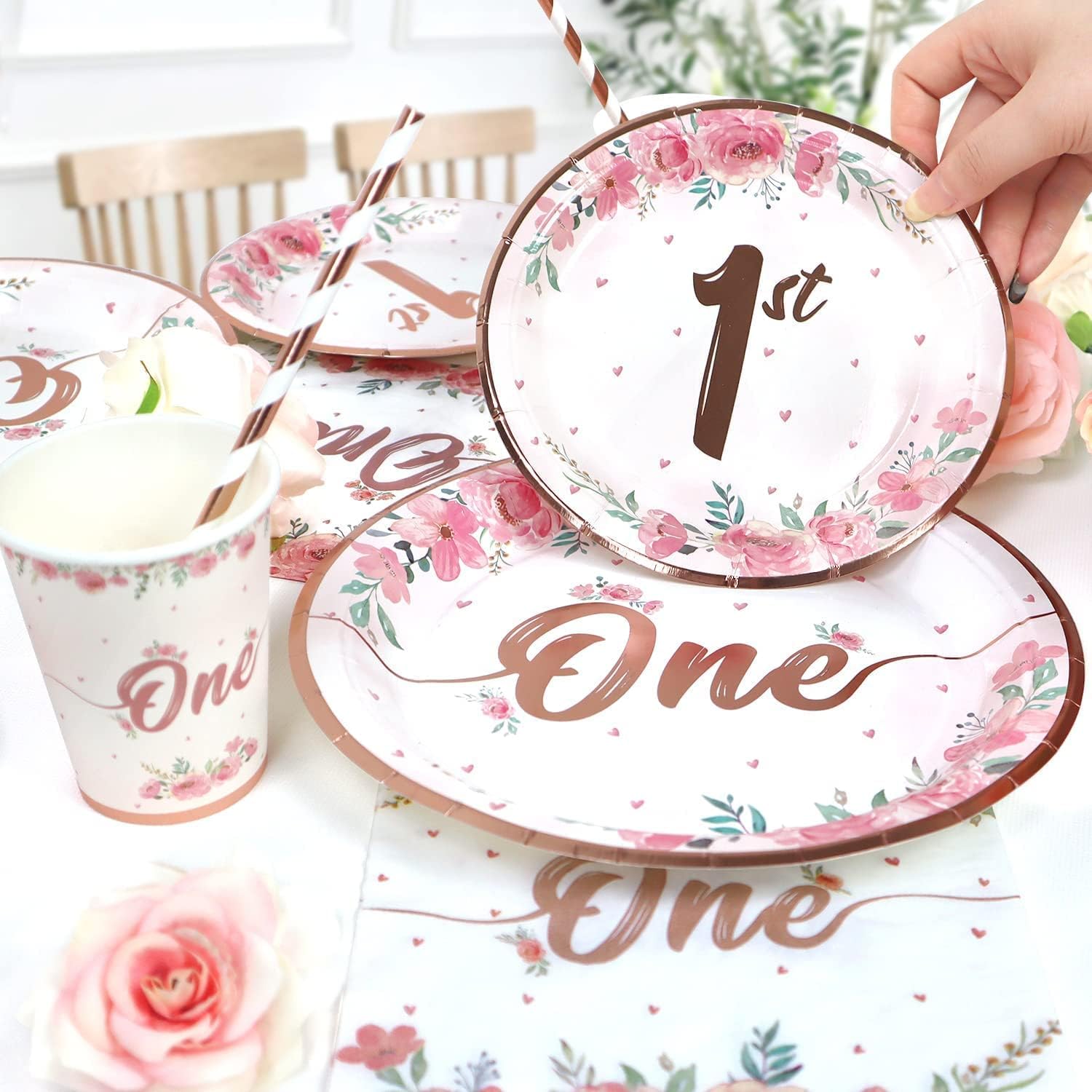 100Pcs First Birthday Decorations Girl Plates Set for 25 Guests - Image 5