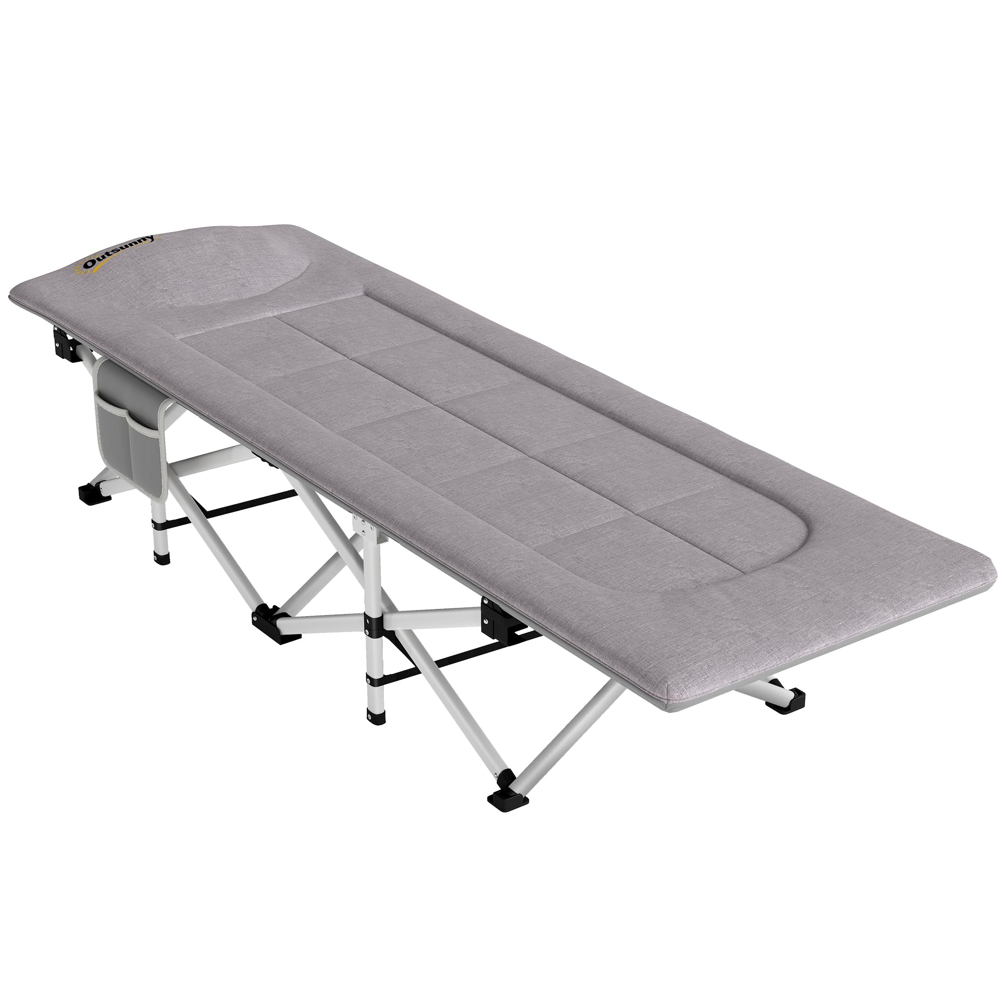 Outsunny Brandina da Campeggio Pieghevole con Poggiatesta e Tasca Portaoggetti, Brandina Campeggio in Acciaio e Tessuto Oxford, 185x65x37 cm, Grigio