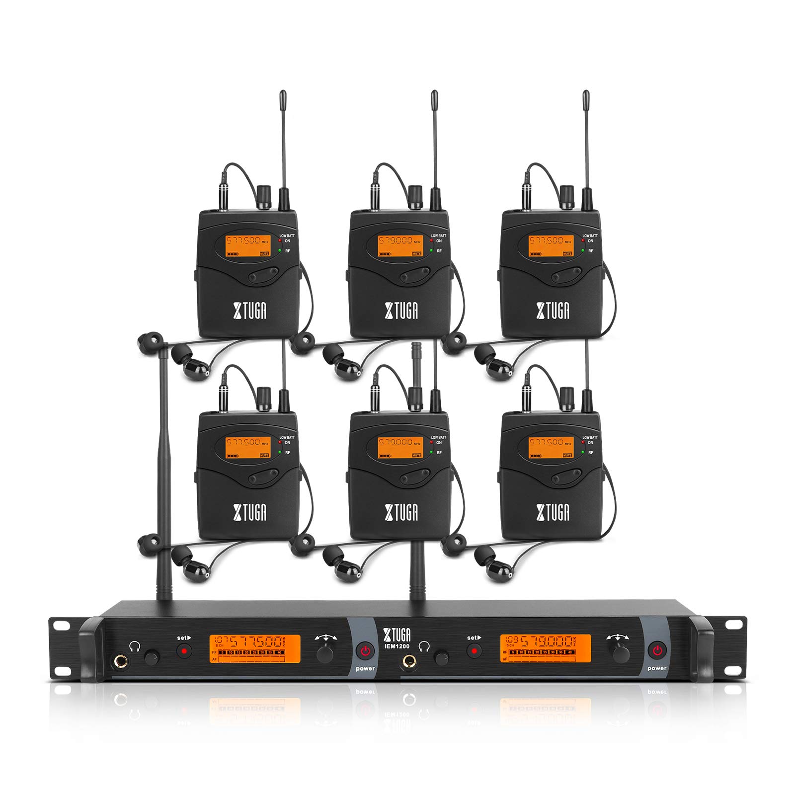 XTUGA IEM1200 - Sistema di monitoraggio wireless in Ear a 2 canali 6 Bodypacks con cuffie tipo wireless utilizzato per palcoscenico o studio, trasmissione in diretta, amplificatore per chitarra (6