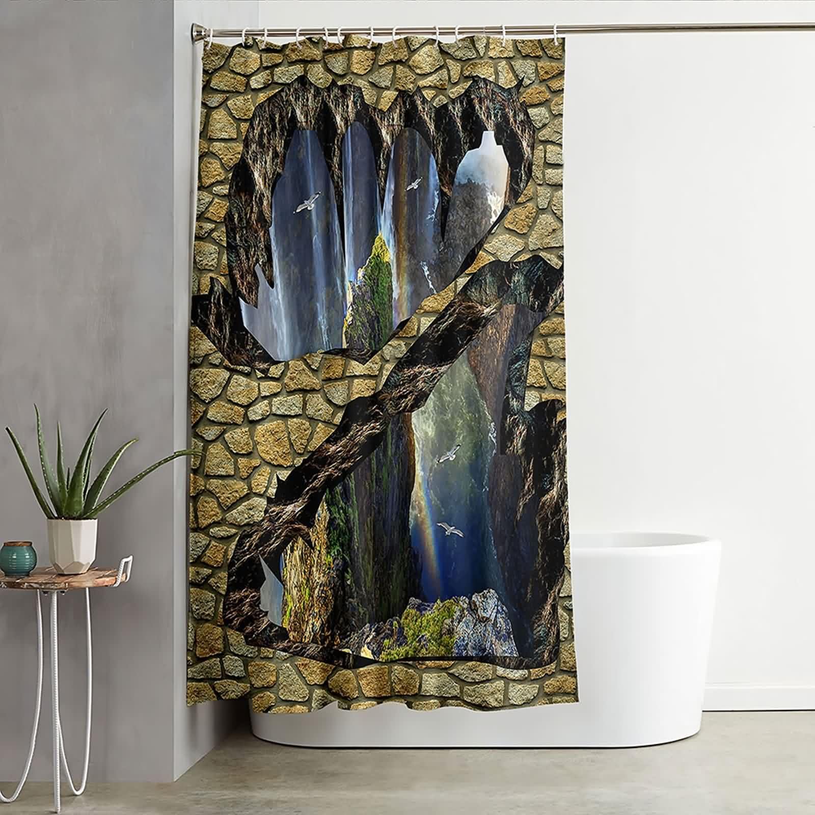 KnSam Duschvorhang Textil, Bad Vorhang 3D Berge Katarakt Muster, Polyester Textil Stoff Badvorhang mit Duschvorhangringen, Braun Bunt, 180x200cm
