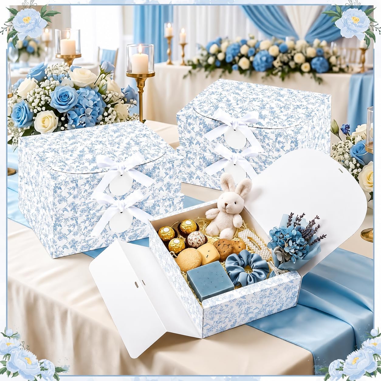 10 PCS Blue Floral Bridesmaid Proposal Gift Boxes with Ribbon Label Cards image 3
