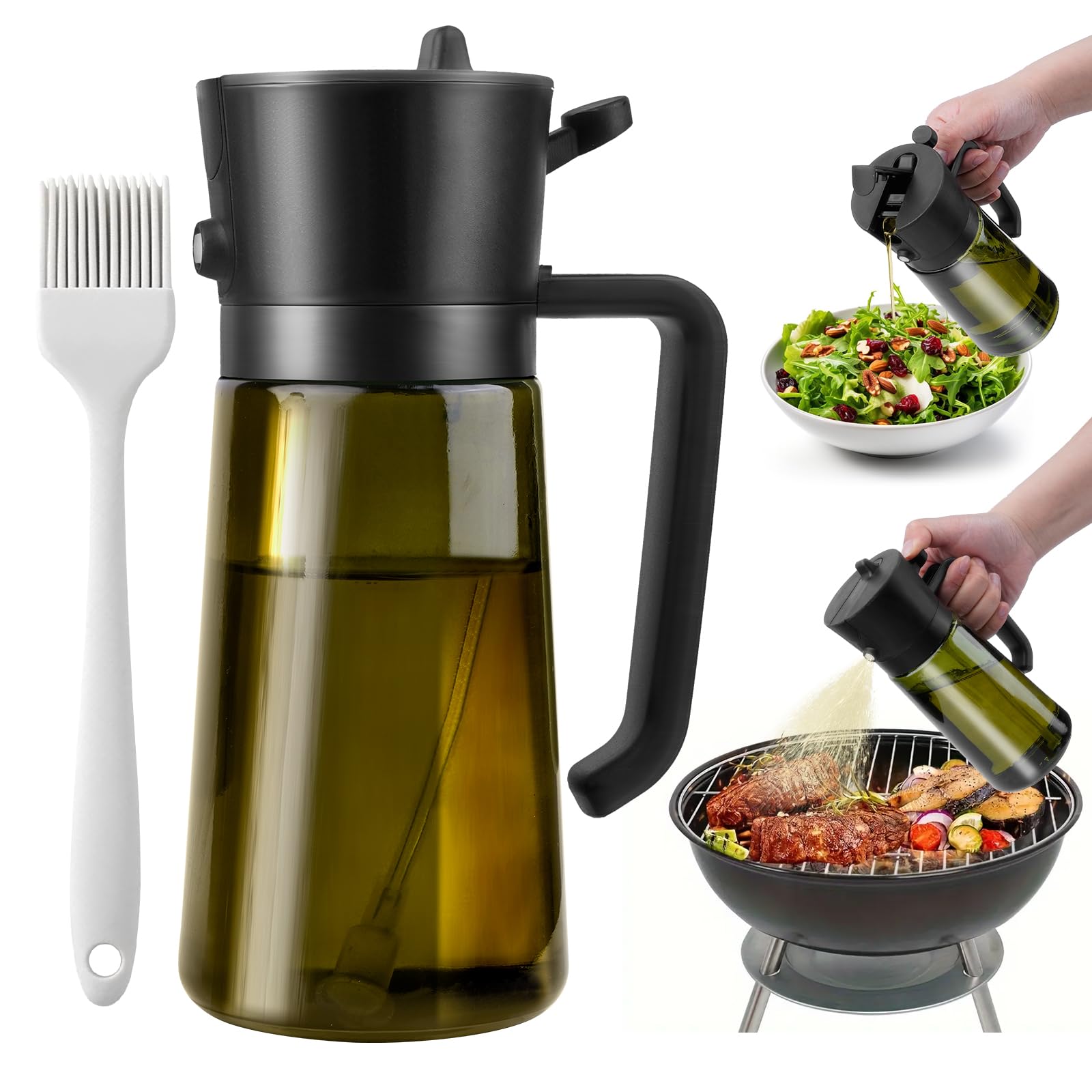 Byitin 2 in 1 Oil Spray Bottle, Olive Oil Dispenser with UV Protection, 16oz/470ml Glass Oil Sprayer with Silicone Brush for Cooking, Kitchen, Baking, BBQ
