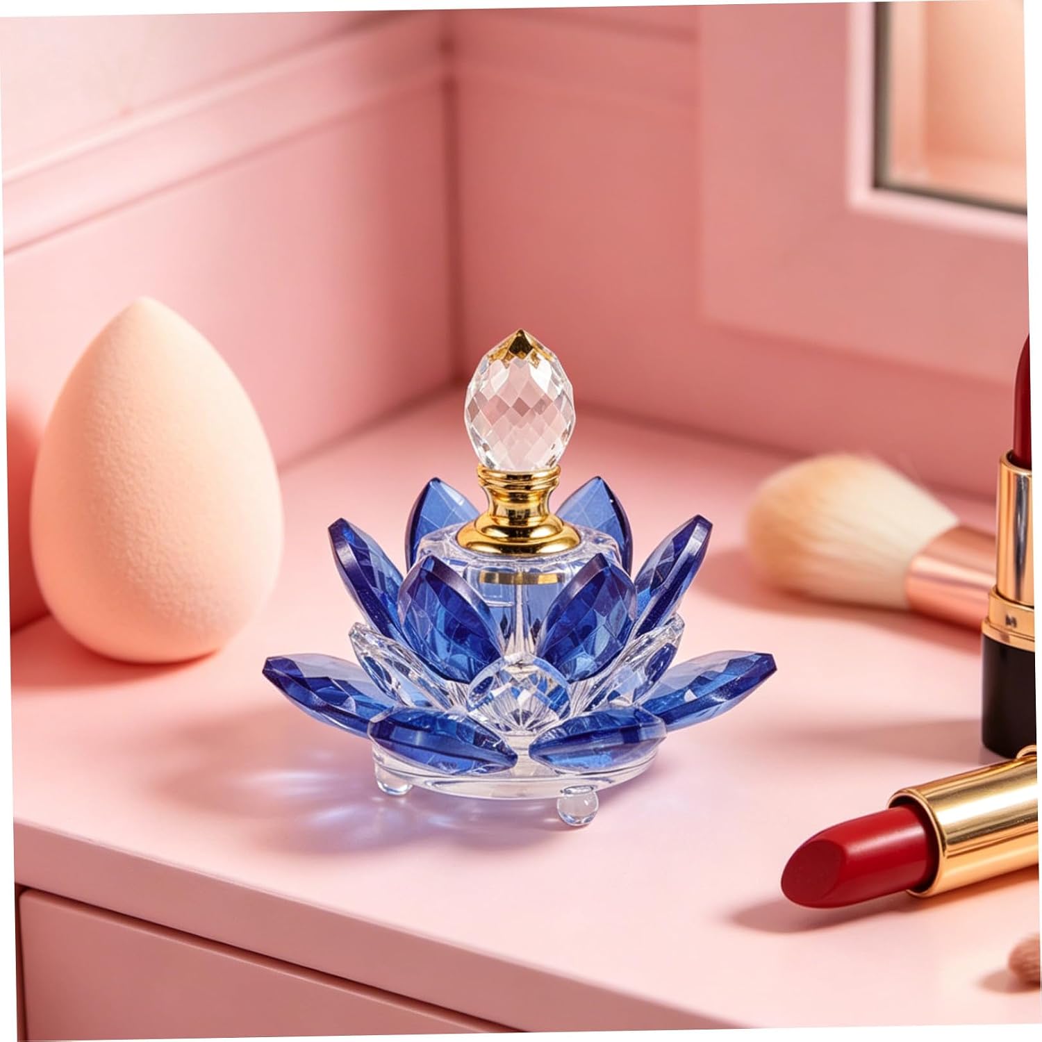 Crystal Lotus Glass Perfume Bottle with Dropper Essential Oil Dispenser, Blue Refillable Vintage Empty Fragrance Bottle for Vanity Aromatherapy Decor