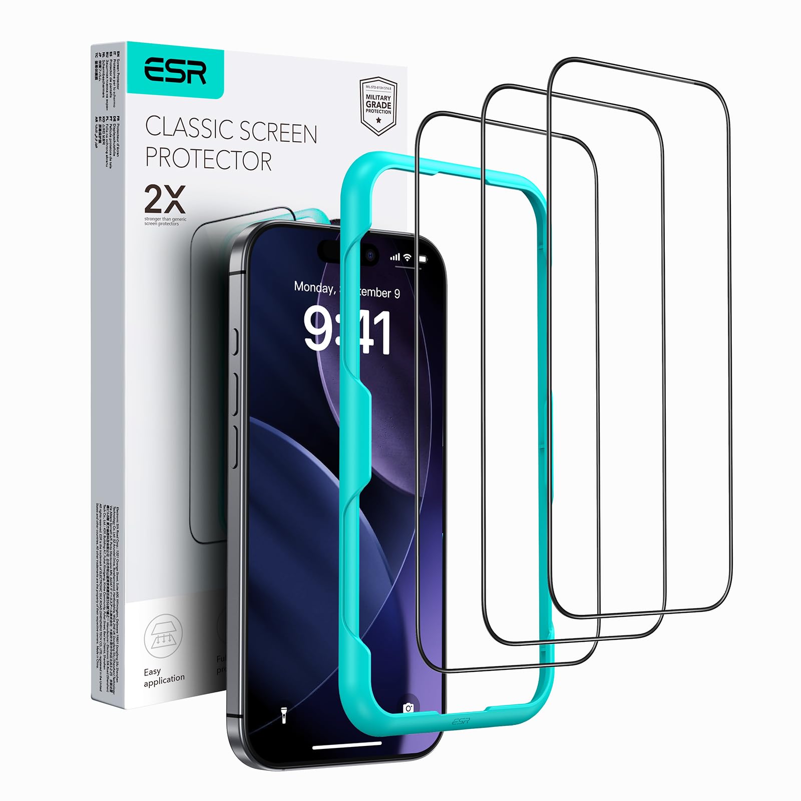 ESR Pellicola Vetro per iPhone 16 Pro, Vetro temperato con supporto di installazione, Durezza 9H, Protezione militare, Chiarezza HD, Resistente ai graffi, 3 Pezzi
