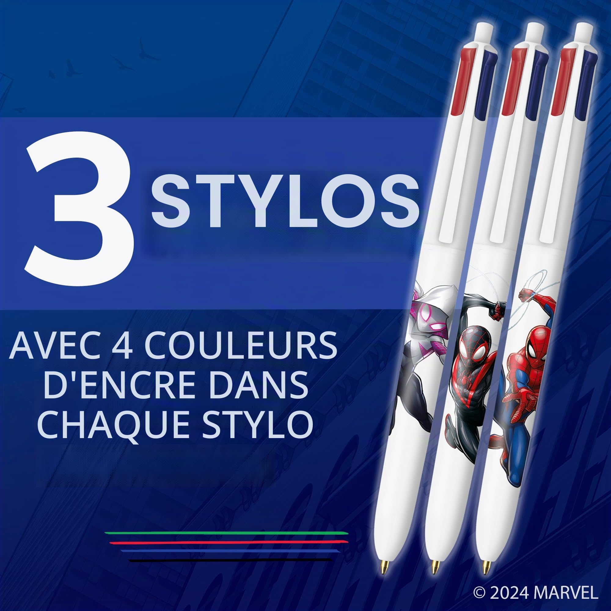 BIC Lot de 3 stylos à bille rétractables 4 couleurs avec thème Spider-Man de Marvel, pointe moyenne polyvalente, encre assortie
