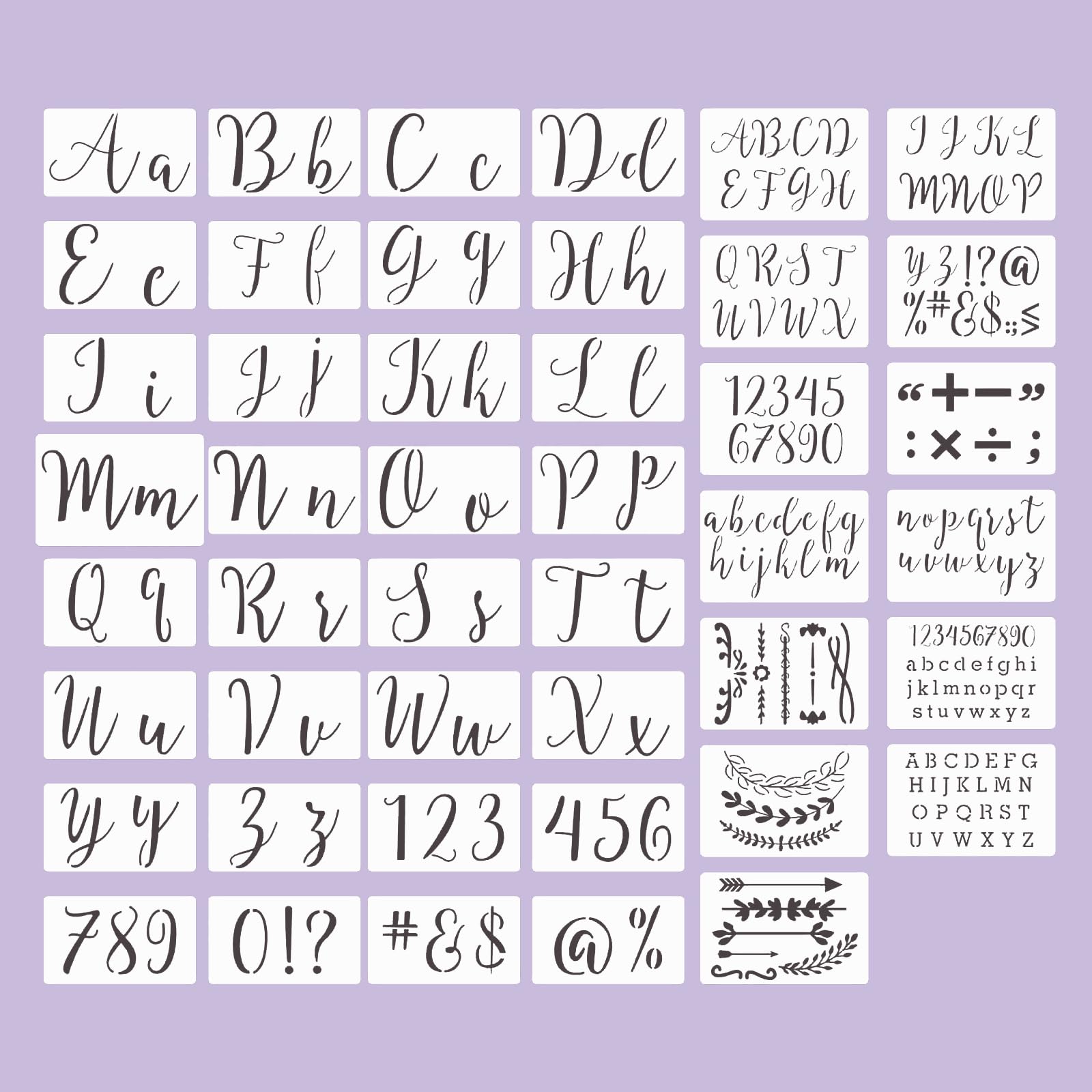 45 PCS Alphabet Stencil Set Reusable Painting Templates with Letters Numbers Symbols and Decorative Patterns for DIY Calligraphy Crafts Scrapbooking Furniture Fabric and Card Making — image 1