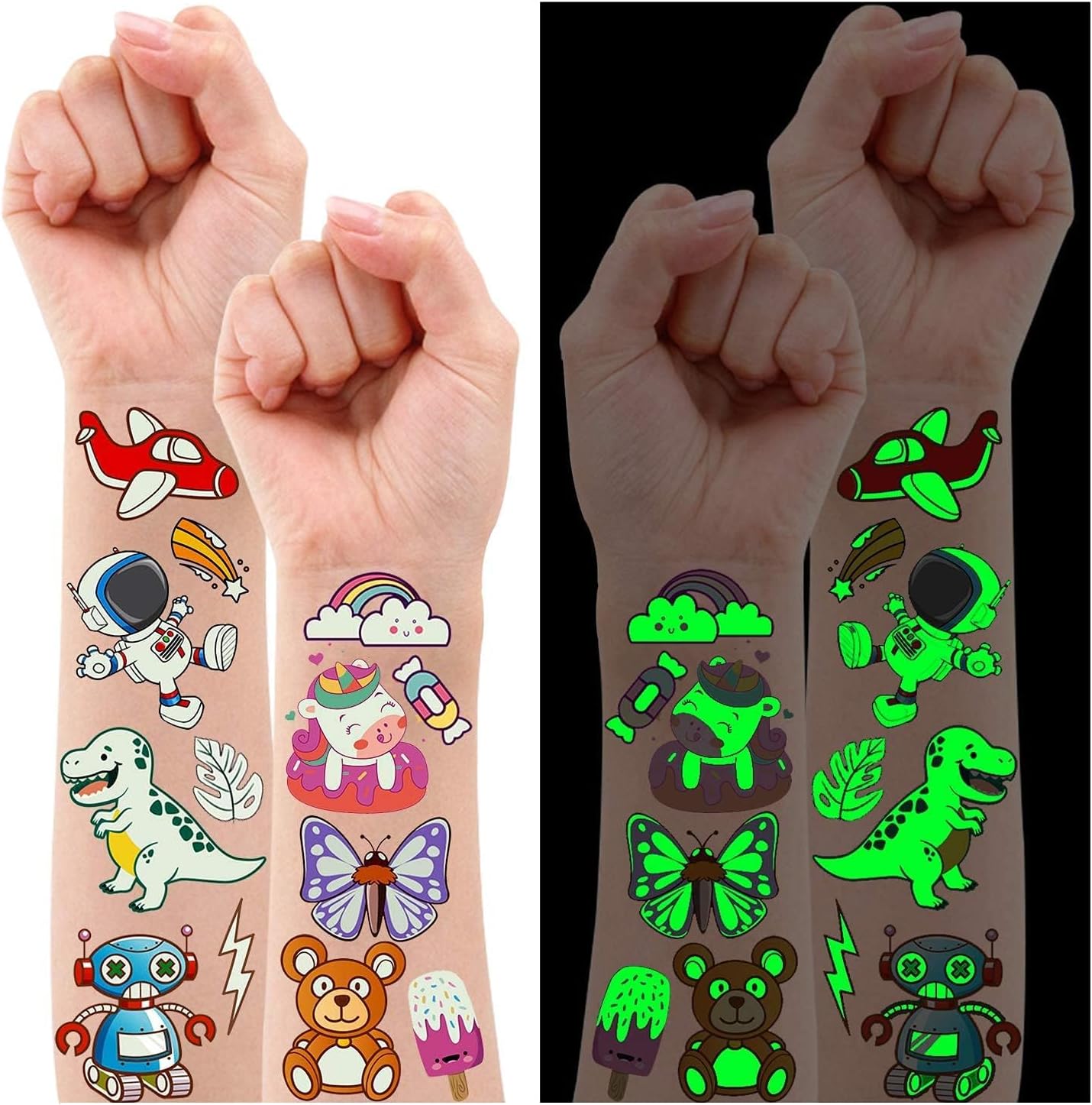 PARTYWIND 380 Styles (30 Sheets) Luminous Tattoos for Kids, Mixed Styles Temporary Tattoos Stickers with Mermaid/Dinosaur/Space/Pirate for Boys and Girls, Glow Party Supplies