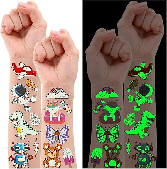 Partywind 380 Styles (30 Sheets) Luminous Tattoos for Kids, Mixed Styles Temporary Tattoos Stickers with Mermaid/Dinosaur/Space/Pirate for Boys and Girls, Glow Party Supplies