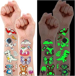 Partywind 380 Styles (30 Sheets) Luminous Tattoos for Kids, Mixed Styles Temporary Tattoos Stickers with Mermaid/Dinosaur/Space/Pirate for Boys and Girls, Glow Party Supplies
