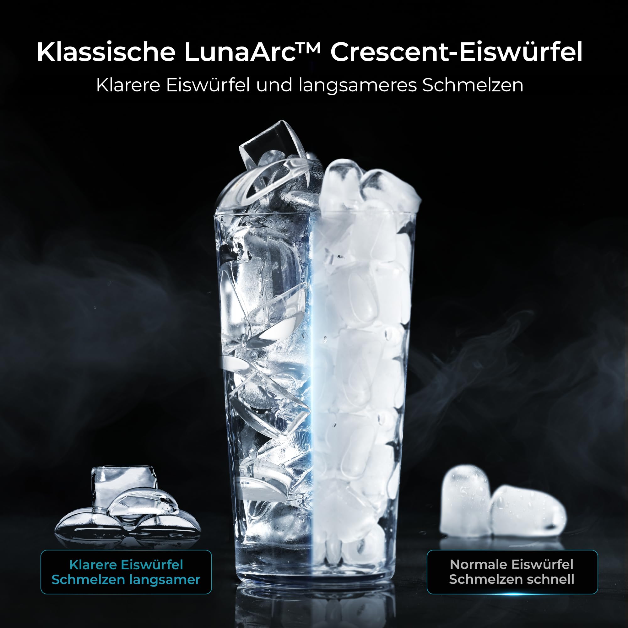 EUHOMY Tragbarer LunaArc™ Crescent Eiswürfelmaschine mit Kristall-Halbmond, 1600 Stück/Tag, fertig in 12 Minuten, automatische Tiefenreinigung, Eiswürfelmaschine für Whiskey/Kaffee/Softdrinks