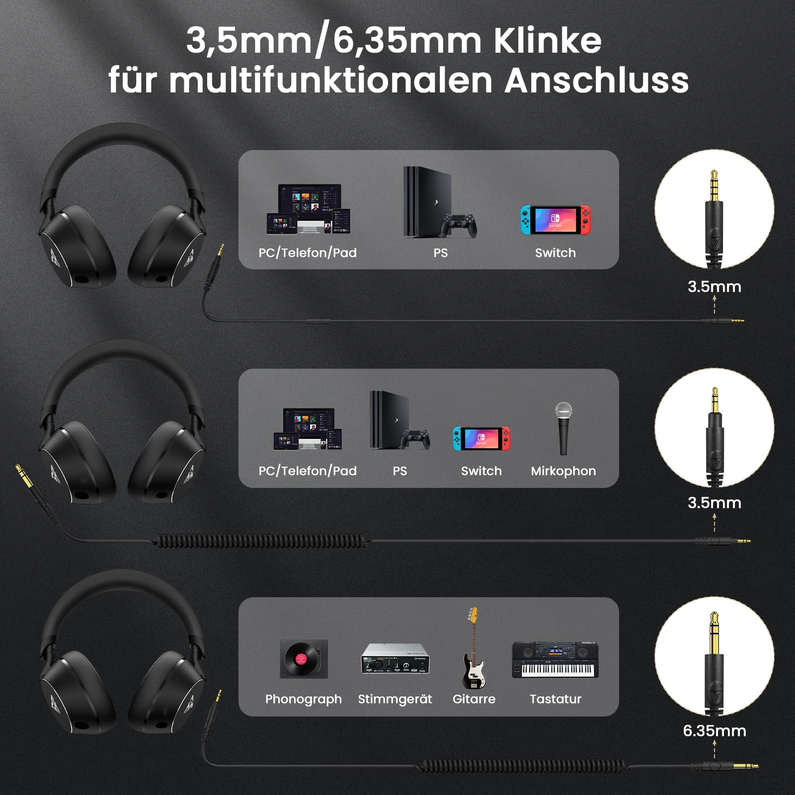 DOQAUS Over Ear Kopfhörer mit Kabel, 50mm HiFi Studio Kopfhörer für DJ & Monitoring, mit 6.35mm & 3.5mm Dual-Stecker, Share Port, Bequeme Ohrpolster, Drehbare Ohrmuscheln, Schwarz