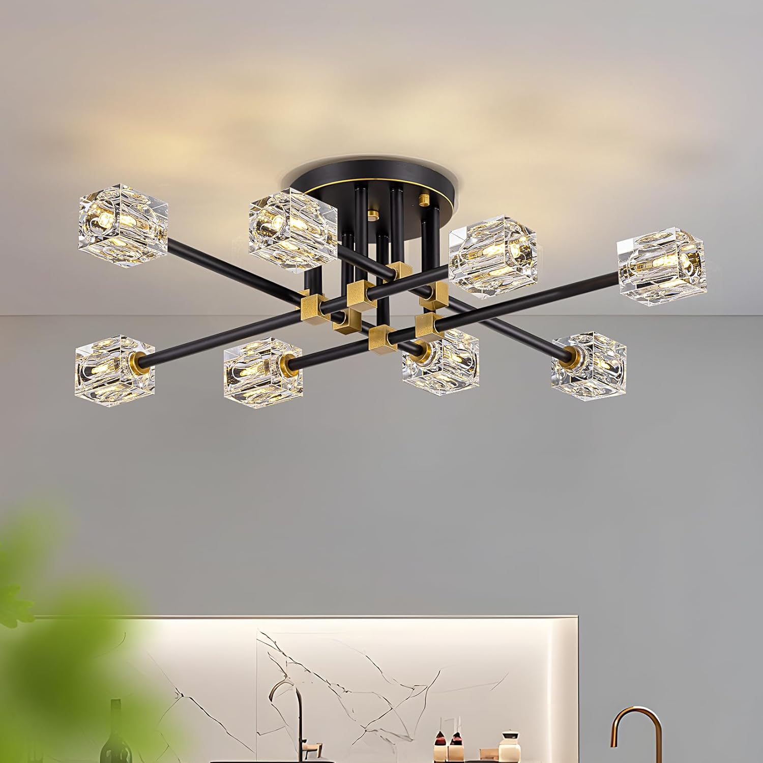 Modern Crystal Ceiling Light Fixture,Semi Flush Mount Ceiling Light with 8-Lights,Farmhouse Black and Gold Sputnik Chandeliers for Bedroom,Dining Room,Kitchen,Entrway,Foyer,Hallway