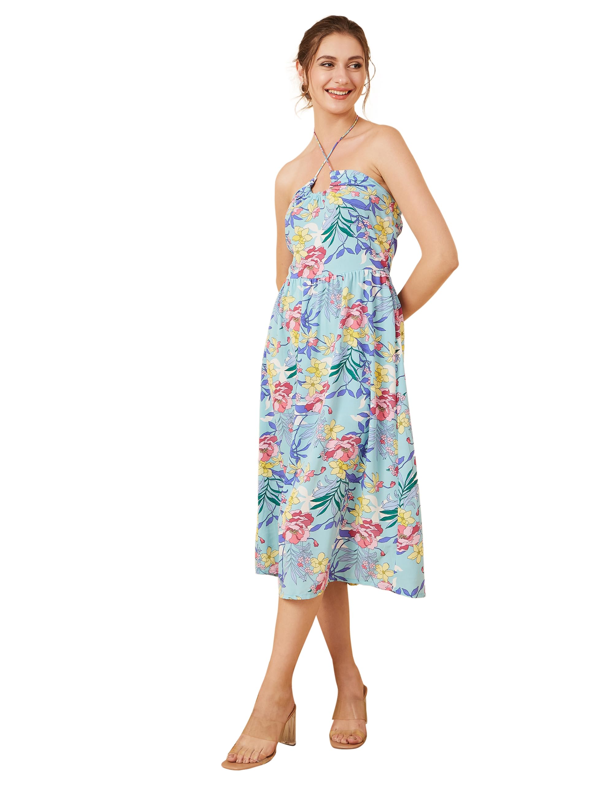 Rare Women's Crepe A-Line Midi Casual Dress (Ep7106B_Aqua_S)
