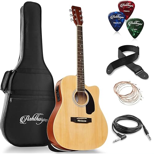 Ashthorpe Full-Size Dreadnought Cutaway Acoustic-Electric Guitar Bundle - Premium Tonewoods - Natural