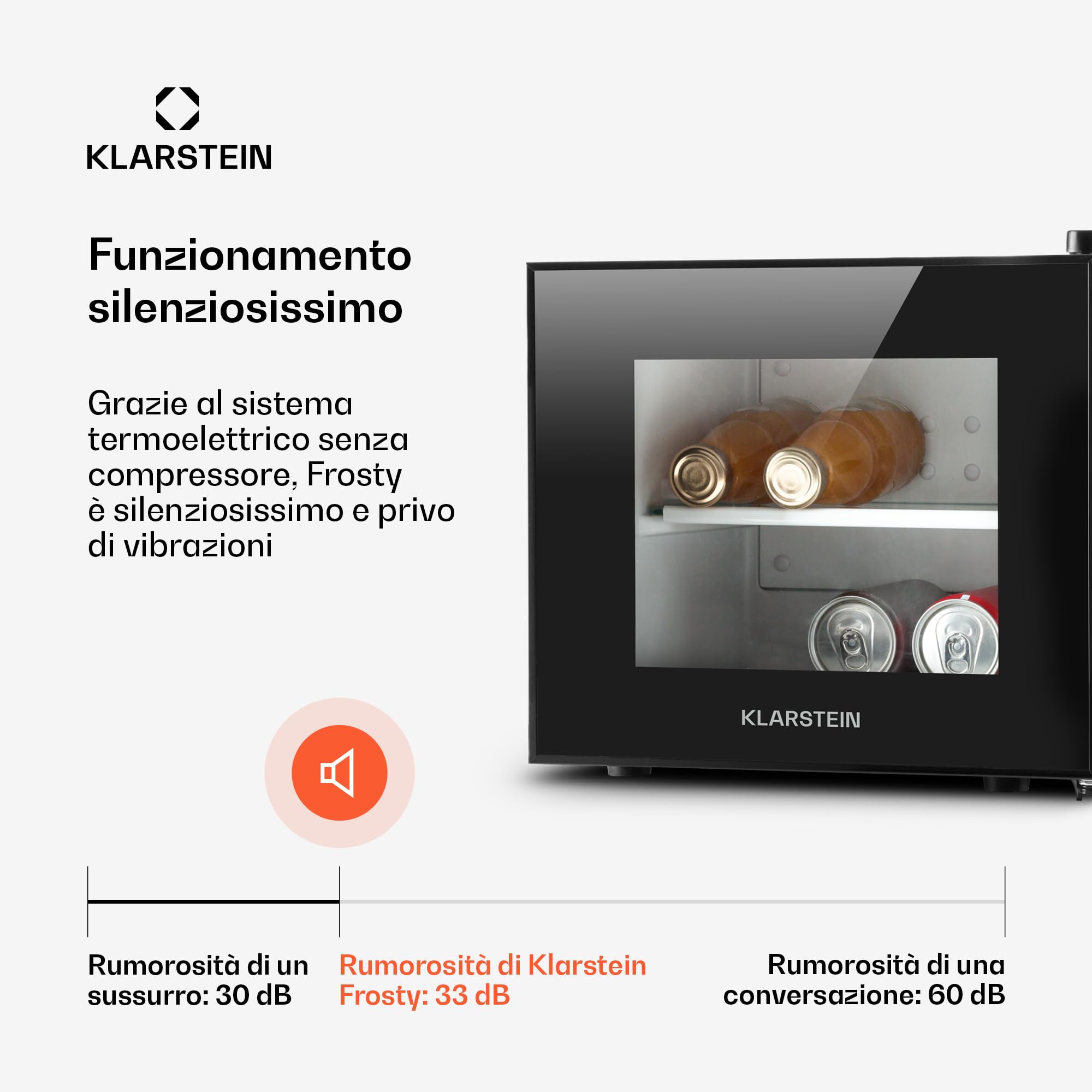 KLARSTEIN Frosty Compact Line - Frigo Compatto, Mini Frigo, Ultracompatto, 65 Watt, Porta in Doppio Vetro Isolato, 10 Litri, Classe A, Temperatura tra 12° e i 18° C, Illuminazione LED, Nero