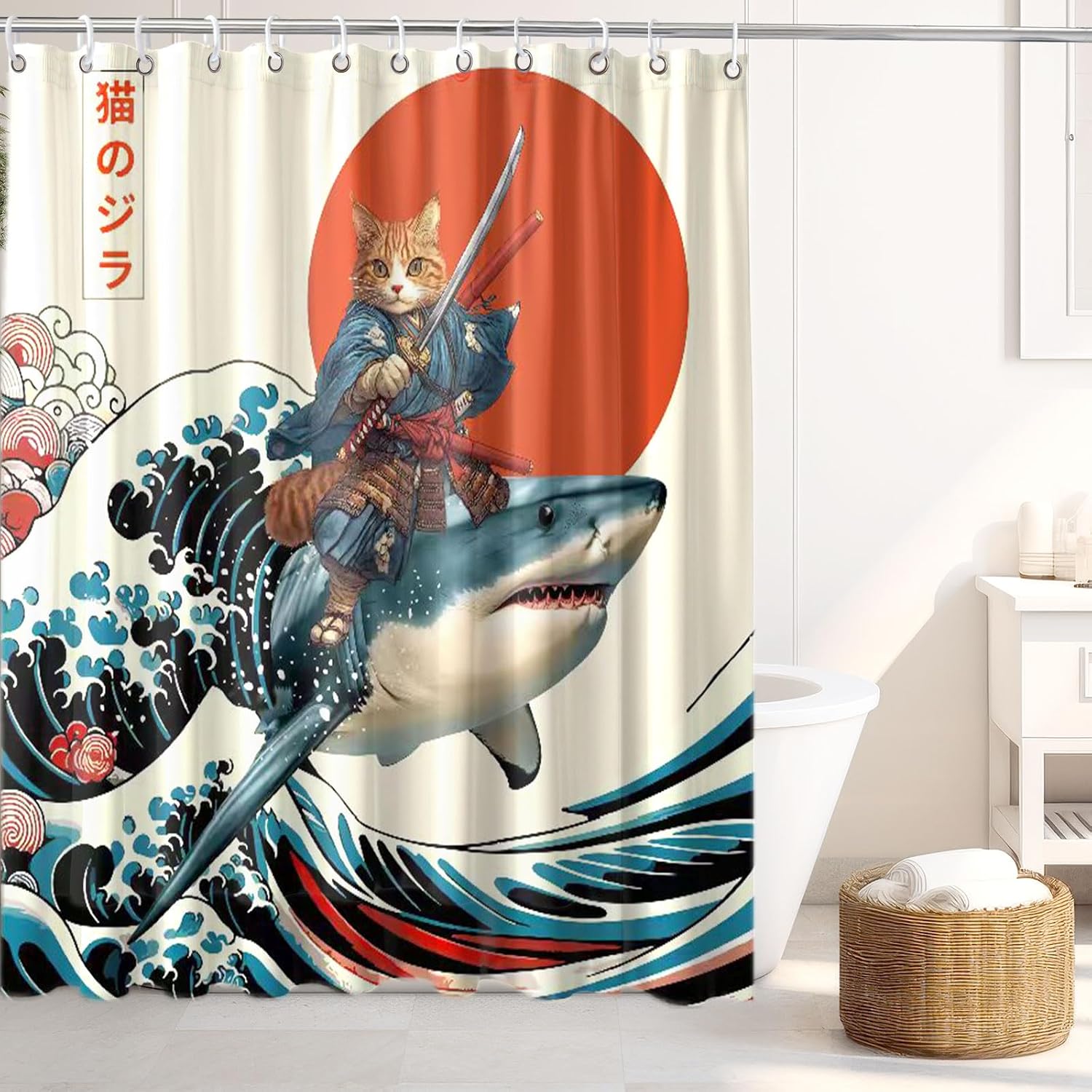 Funny Japanese Cat Shower Curtain, Cat Riding Shark Japan Anime Ocean Wave Waterproof Shower Curtain with Hooks, Funky Animal Sun Fabric Shower Curtains Kids Bathroom Decor 72X72inches image 5