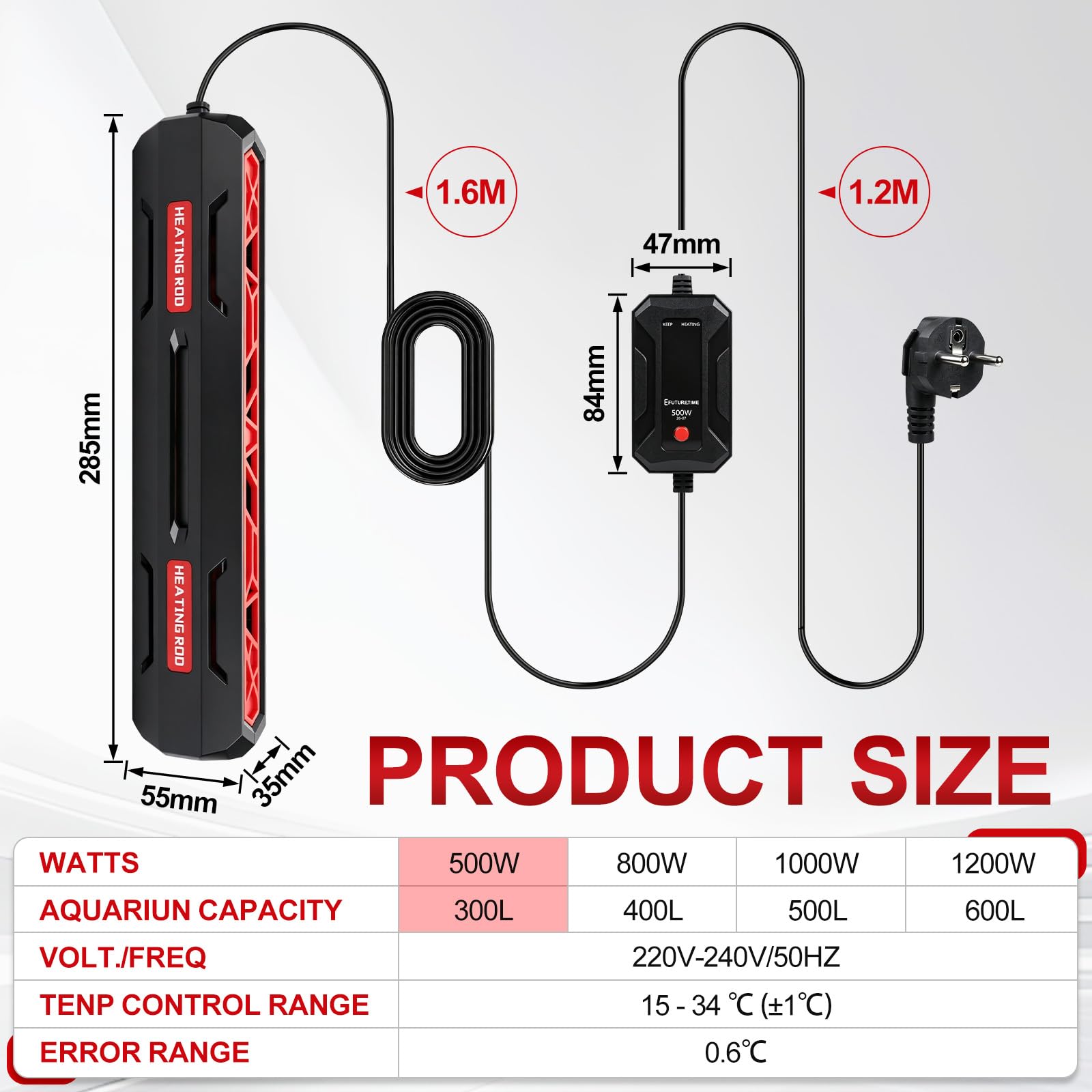 efuturetime Riscaldamento per acquario, 500 W, per acquari d'acqua dolce