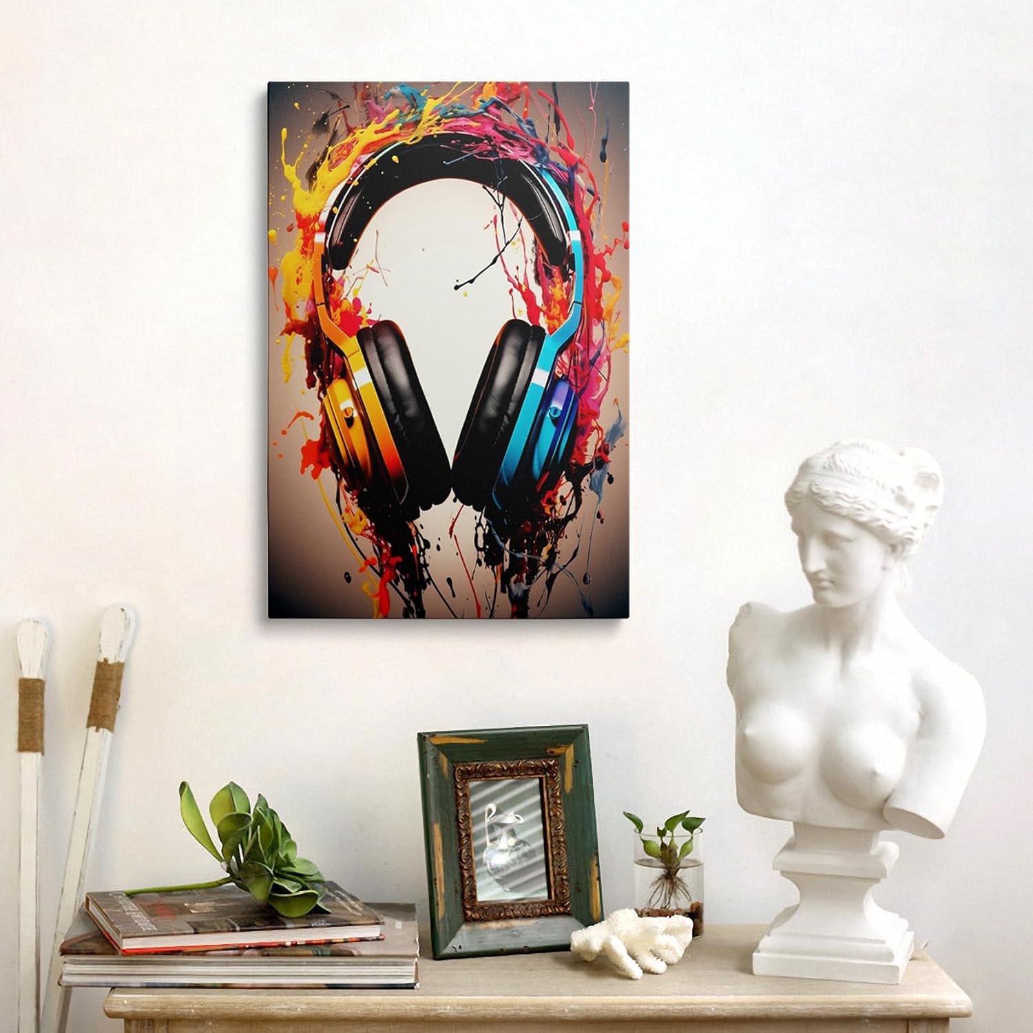 Framed Banksy Graffiti Colorful DJ Headphone Earphone Music Canvas Wall Art Funny Cool Gaming Headset Decor Poster For Living Room Bedroom Home Office Artwork Gift Ready To Hang (16x24 Inches)