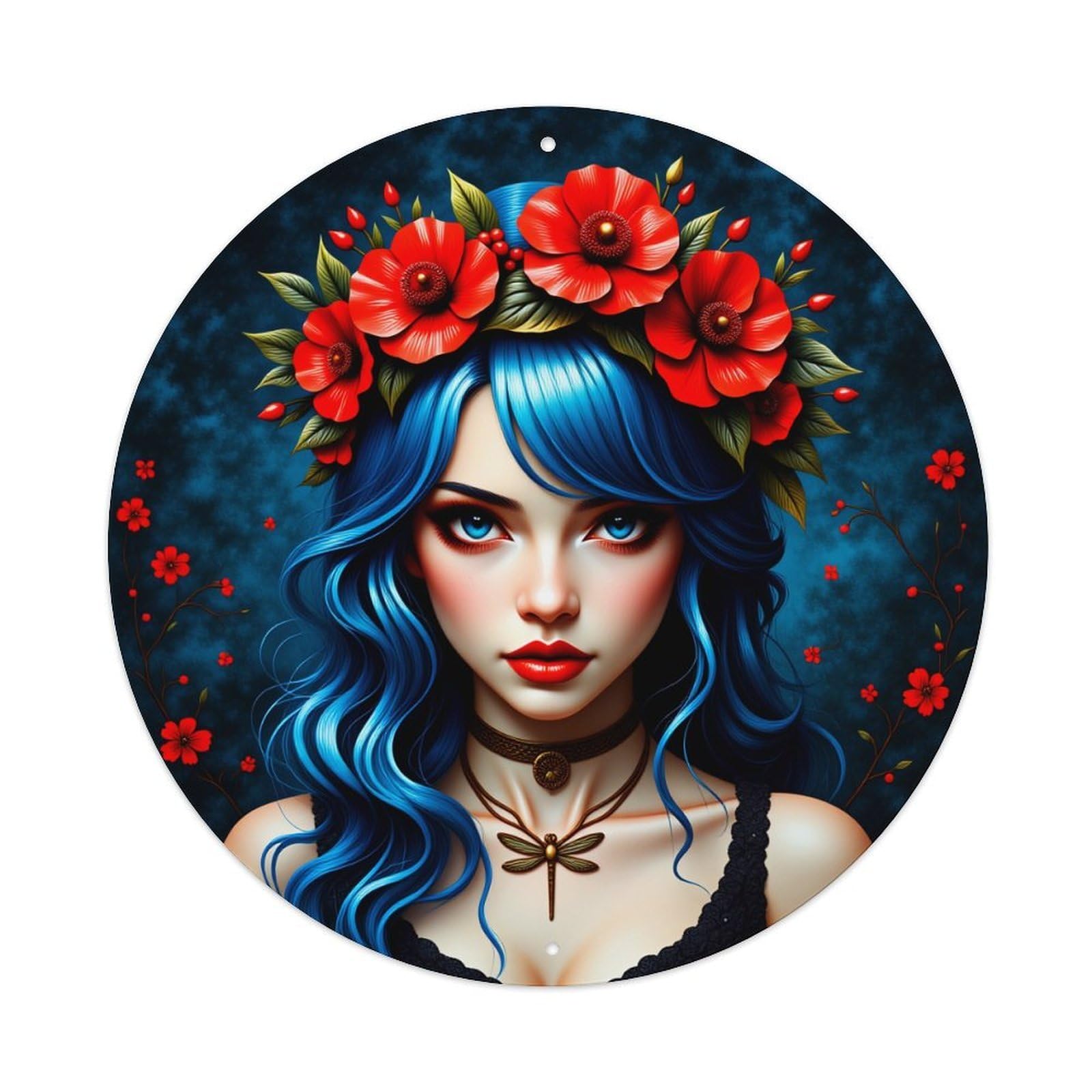 Blue Hair Red Flowers Dragonfly Necklace Vintage Metal Tin Sign Retro Wall Decor for Home Bar Garage Cafe, Indoor & Outdoor Decorative，circle Metal Poster, 8x8 Inch