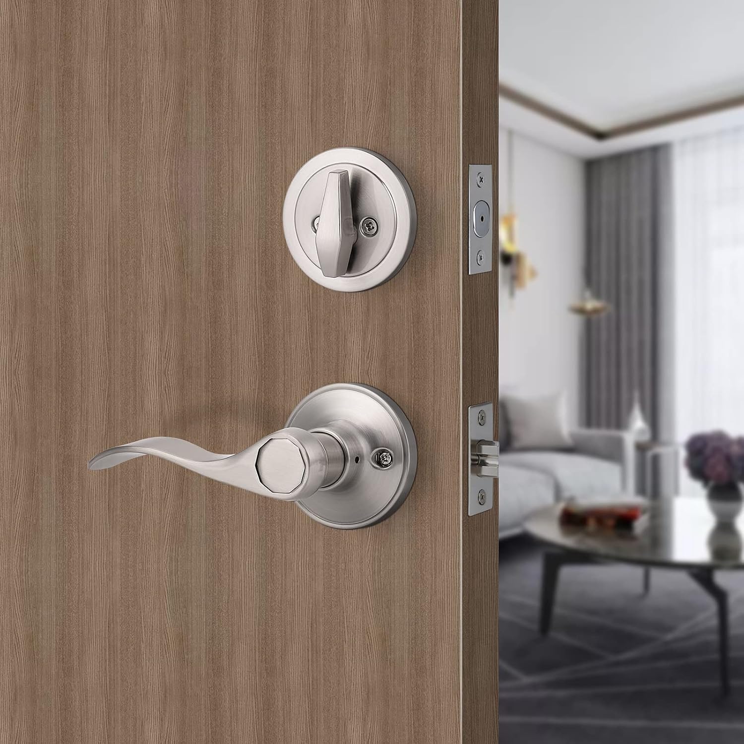 home improvement direct Single Cylinder HandleSet with Lever Door Handle (for Entrance and Front Door) Single Cylinder Deadbolt Handle Set Satin Nickel Finish (Style A)