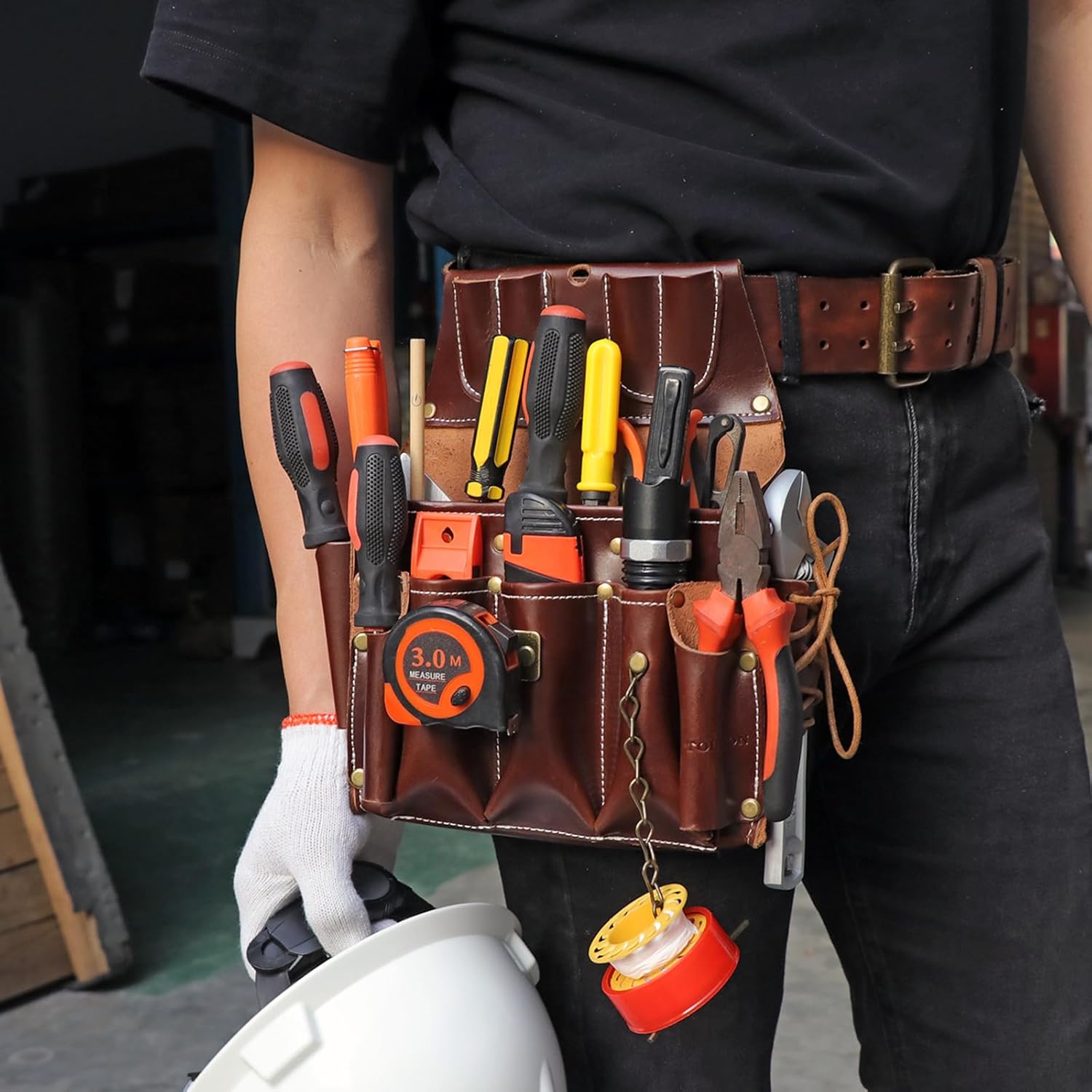 Tourbon Leather Electrician's Tool Pouch Kit Tools Organizer Utility Work Bag 10 Pockets with Tape Holder Tape Chain 2 inch Tunnel Loop for Belt