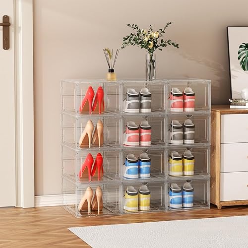 Miniatura 3 de Paquete de 8 organizadores de almacenamiento de zapatos XL, cajas de plástico transparente, apilables, material grueso, fácil de montar, ajuste para