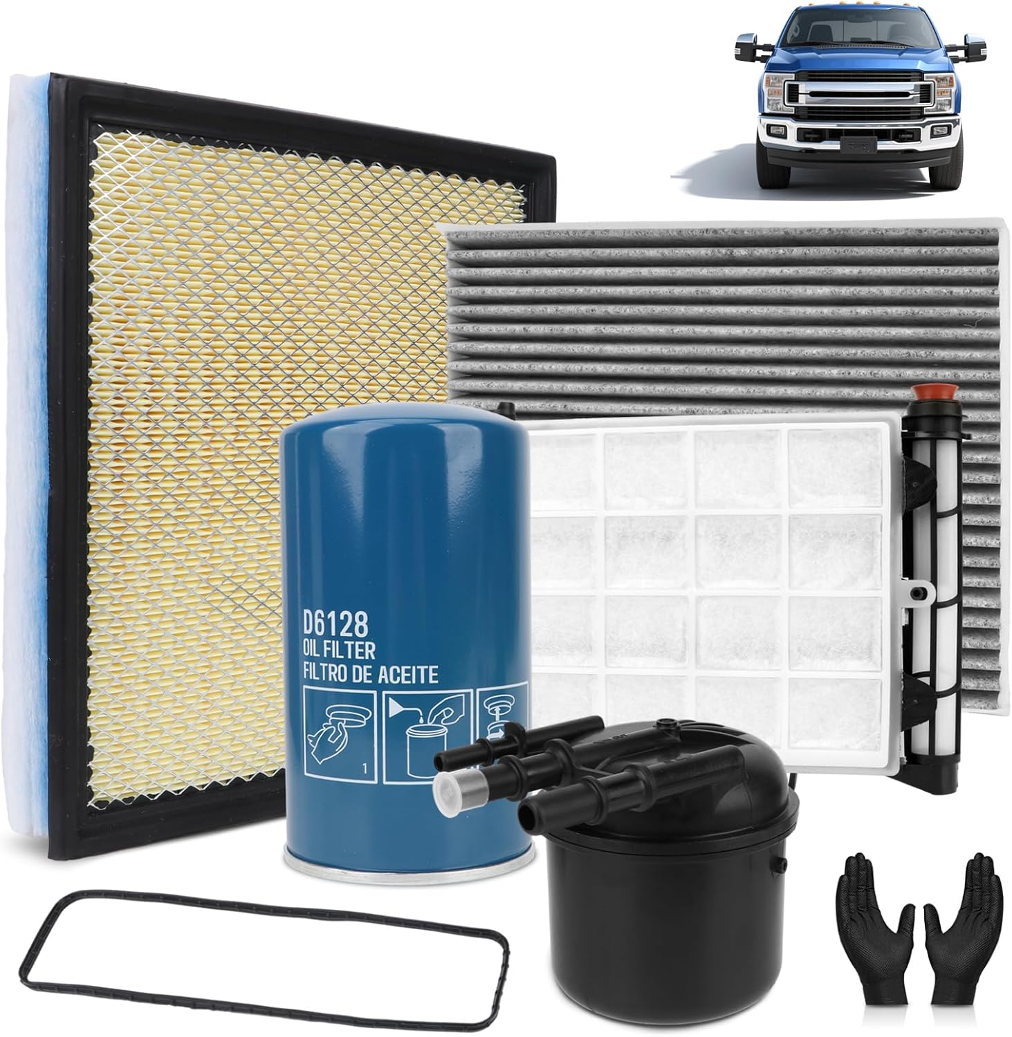 4-in-1 Diesel Truck Filter Kit -Compatible with Ford 6.7L Powerstroke (2020-2025) F250 F350 F450 F550 Super Duty-Incl. FD4625 Fuel Filter, DPA11885 Air Filter, P6128 Oil Filter, D3806 Cabin Air Filter
