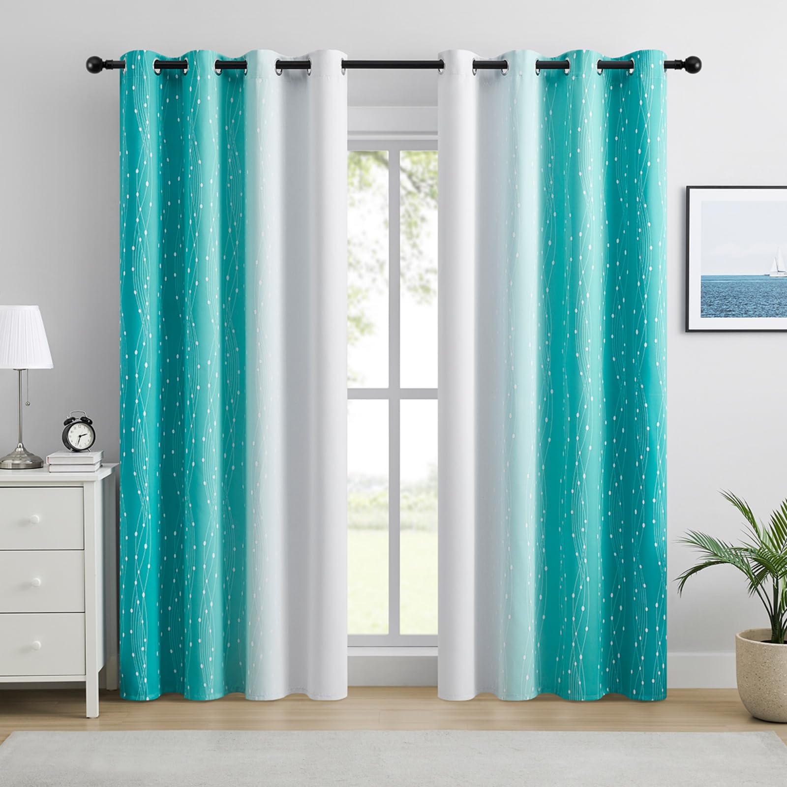 Gazal Vole Sky Blue Curtains, Ombre Waves & Dots, Eyelet, 96inch drop