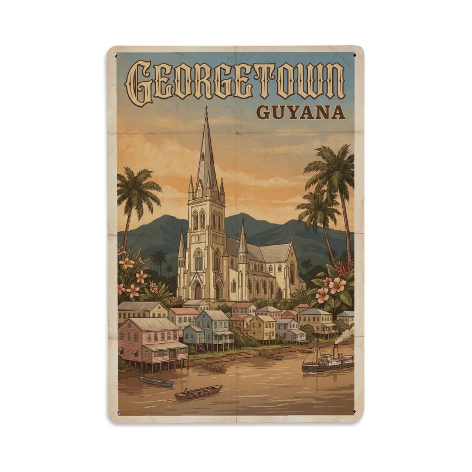 Vintage Travel Guyana Georgetown Metal Tin Sign