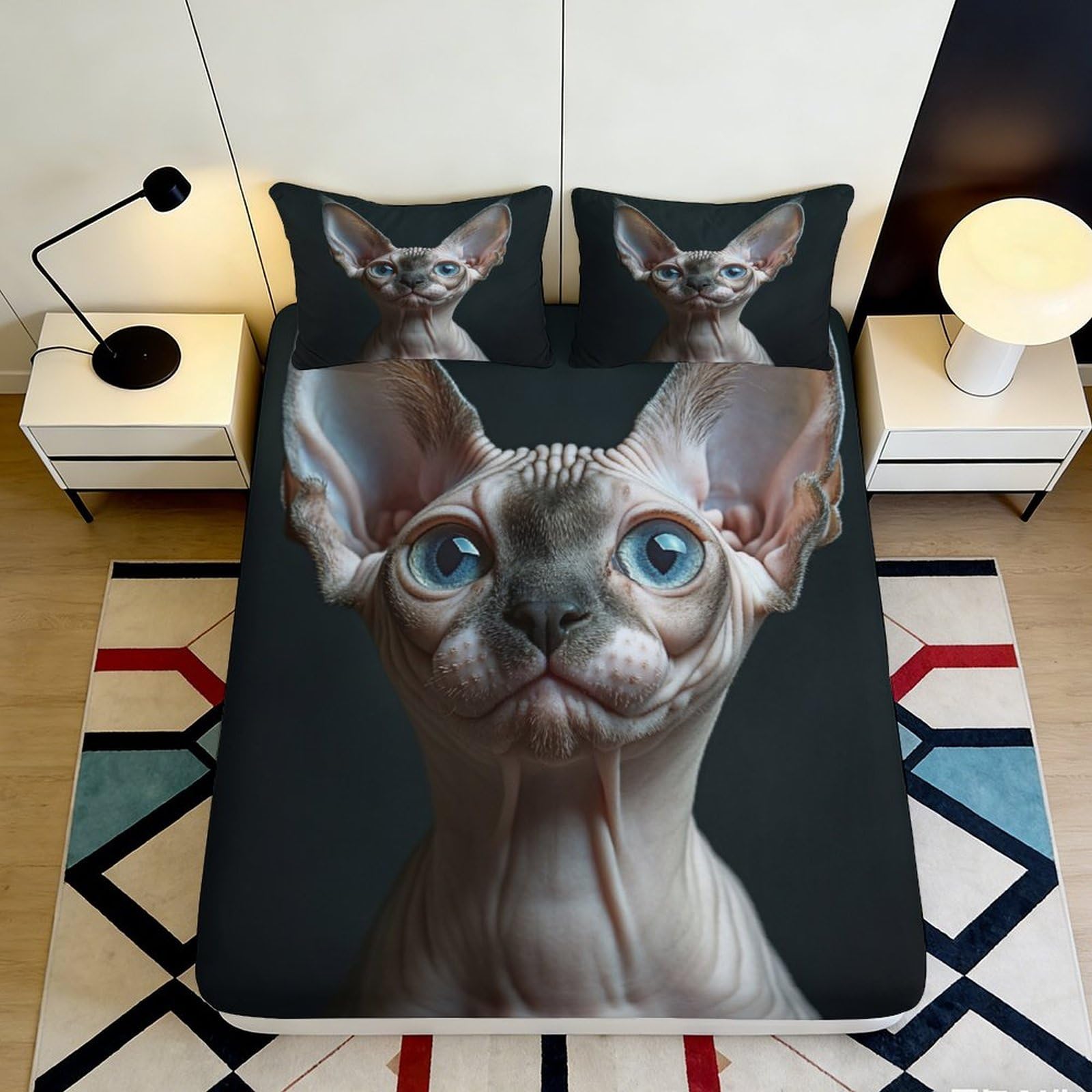 3D Printed Sphynx Cat Fitted Sheet Microfiber Deep Pocket Bedroom Bedding Sphynx Cat Mattress Fitted Cover Non-Slip Washable for Adults 160x200x25cm