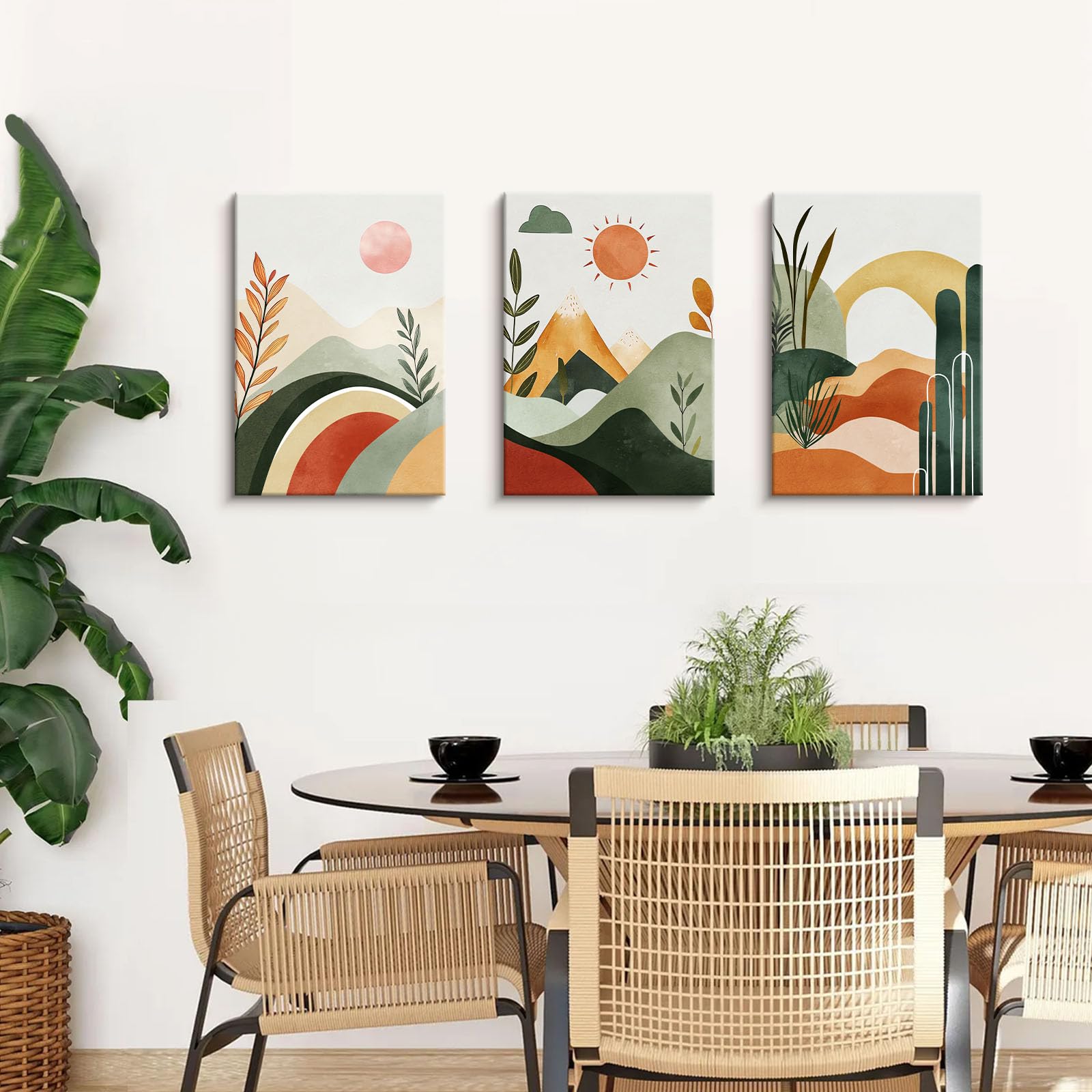 3 Pcs Green Boho Mountain Sun Illustration Canvas Wall Art - Image 4