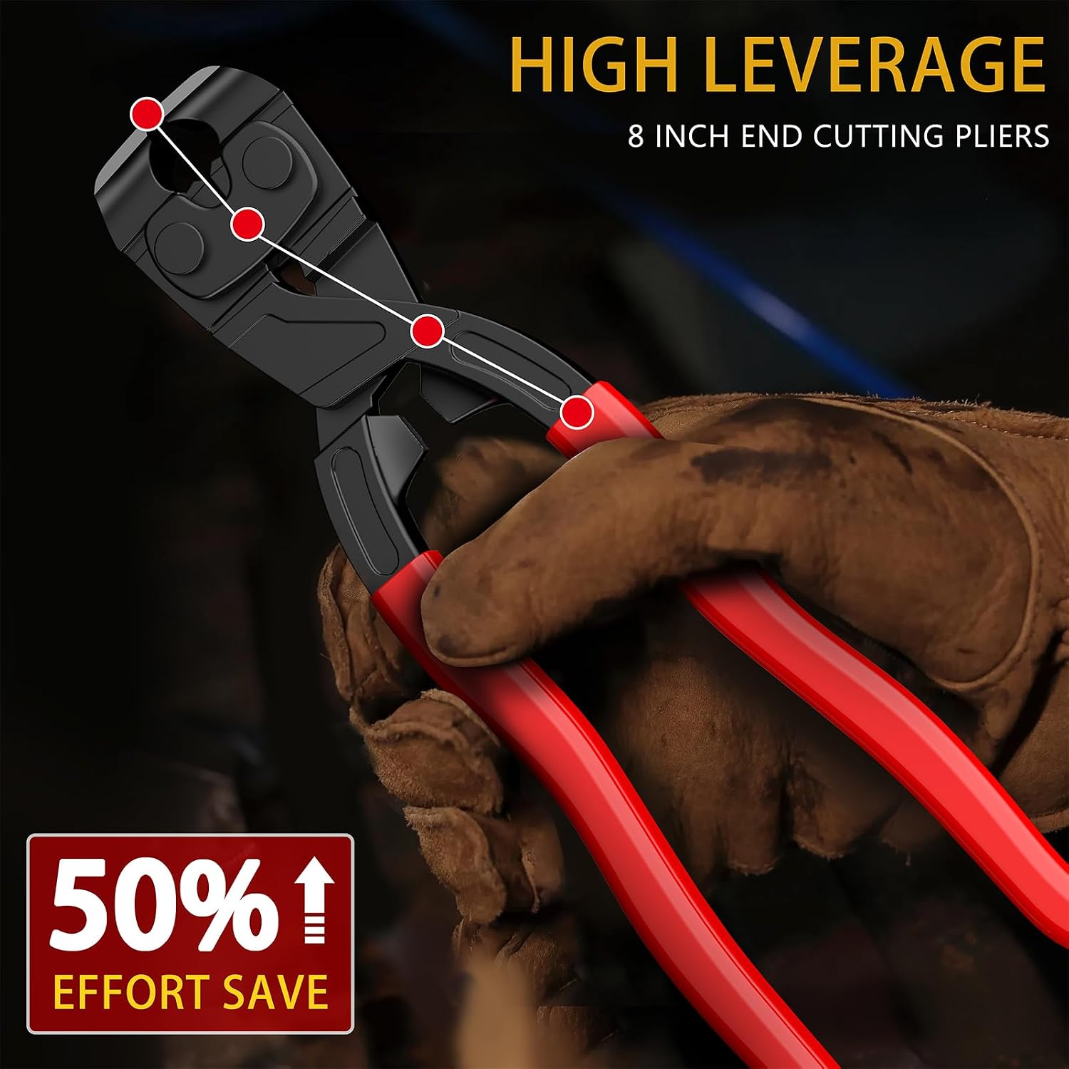8-Inch Nail Puller Pliers, High-Leverage End-Cutting Pliers—Red | Durable CRV Steel Ergonomic Handle Nail Removal Tool with Non-Slip Grip for Pulling and Cutting Nails, Small Bolts, and Wires