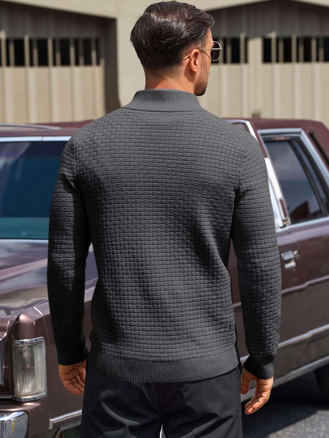 Runcati Mens Quarter Zip Pullover Sweaters Mock Neck Slim Fit Lightweight Pullover Waffle Knit Casual Polo Sweater - Image 3