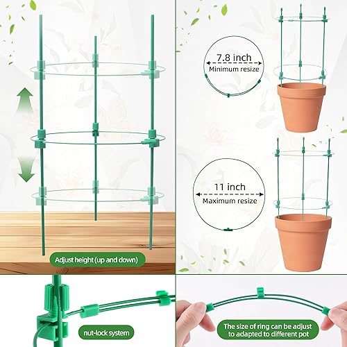 Miniatura 5 de Jaula de tomate ajustable para soporte de plantas de 36 pulgadas, enrejado de pepino de jardín, estaca para plantas con 4 anillos ajustables,
