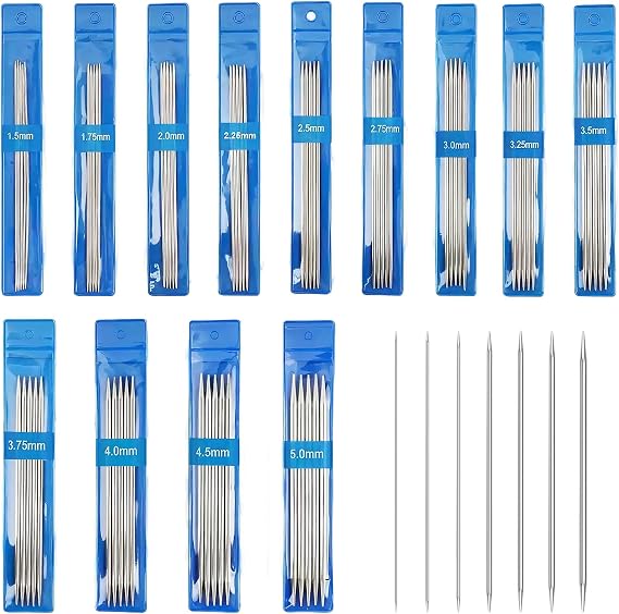 65pcs Double Pointed Knitting Needles Set, 13 Needle Diameters (1.5-5.0mm), All Needles 15cm Long, Stainless Steel Short Double Ended Knitting Needles for Socks, Hats, Sweaters, DPN Set for Beginners