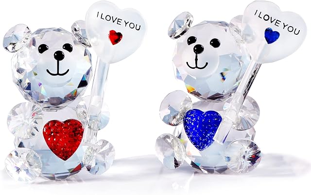 K9 Crystal Blue & Red Bears Figurines Ornaments with I Love You Couple Gifts for Gilfriend, Anniversary Wedding Valentines Gifts for Parents Glass with Gift Box