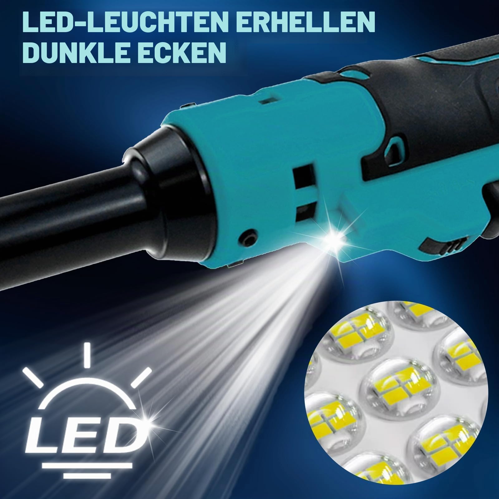 Akku Ratsche für Makita 18V-akku – 3/8" Ratschenschlüssel,60 Nm 400 U/min Elektrisch Ratschenschrauber, Kabelloser Ratsche mit 8 Steckschlüssel,1/4" Adapter und 3" Verlängerungsstange(Ohne-akku)