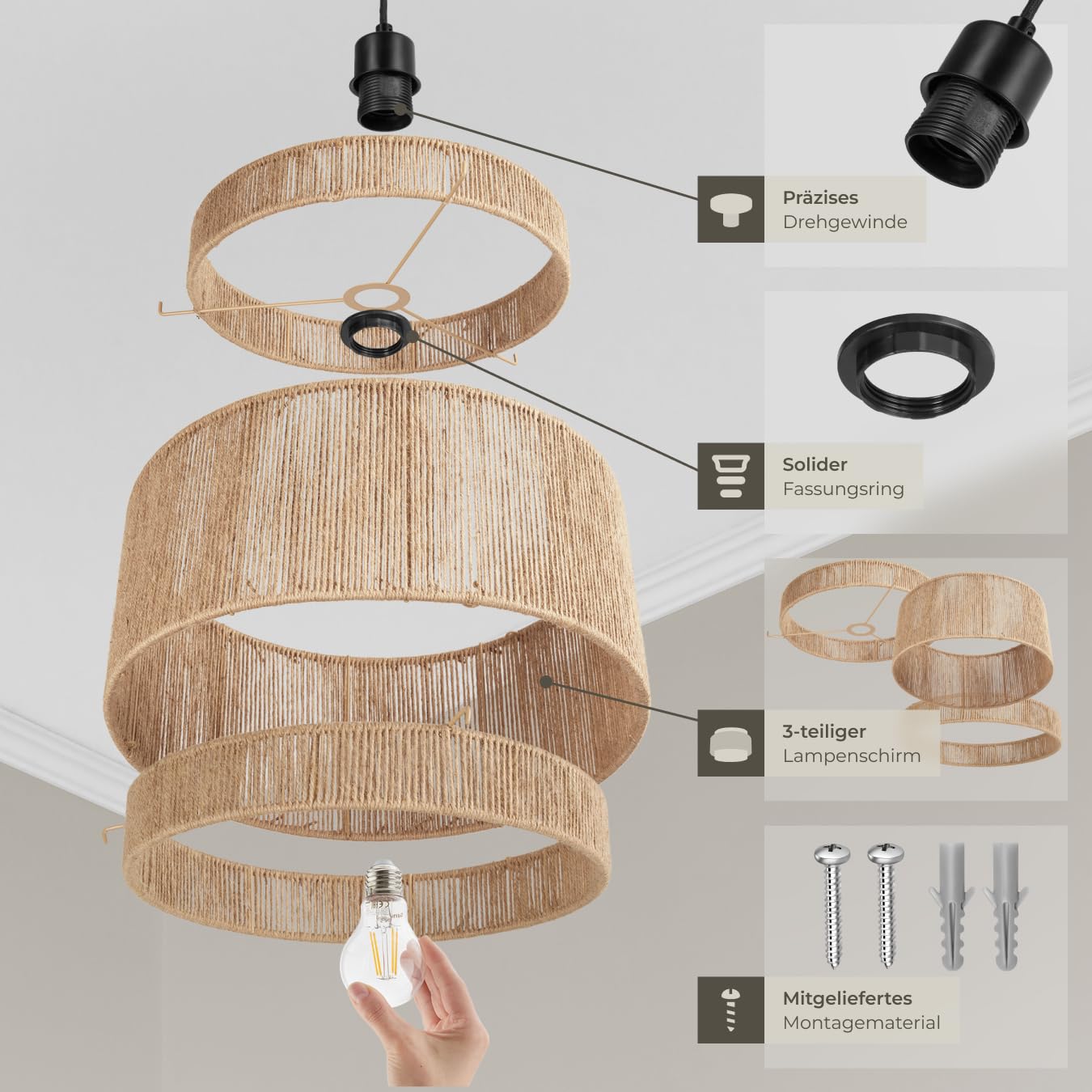 tectake® Hängelampe im Boho Stil, Pendelleuchte aus Jute, Vintage Lampenschirm Hängelampe, Ø 46 cm, Pendelleuchte Esstisch, Küchenlampe, Deckenleuchte Schlafzimmer, E27 Lampe Hängend, Hängeleuchte