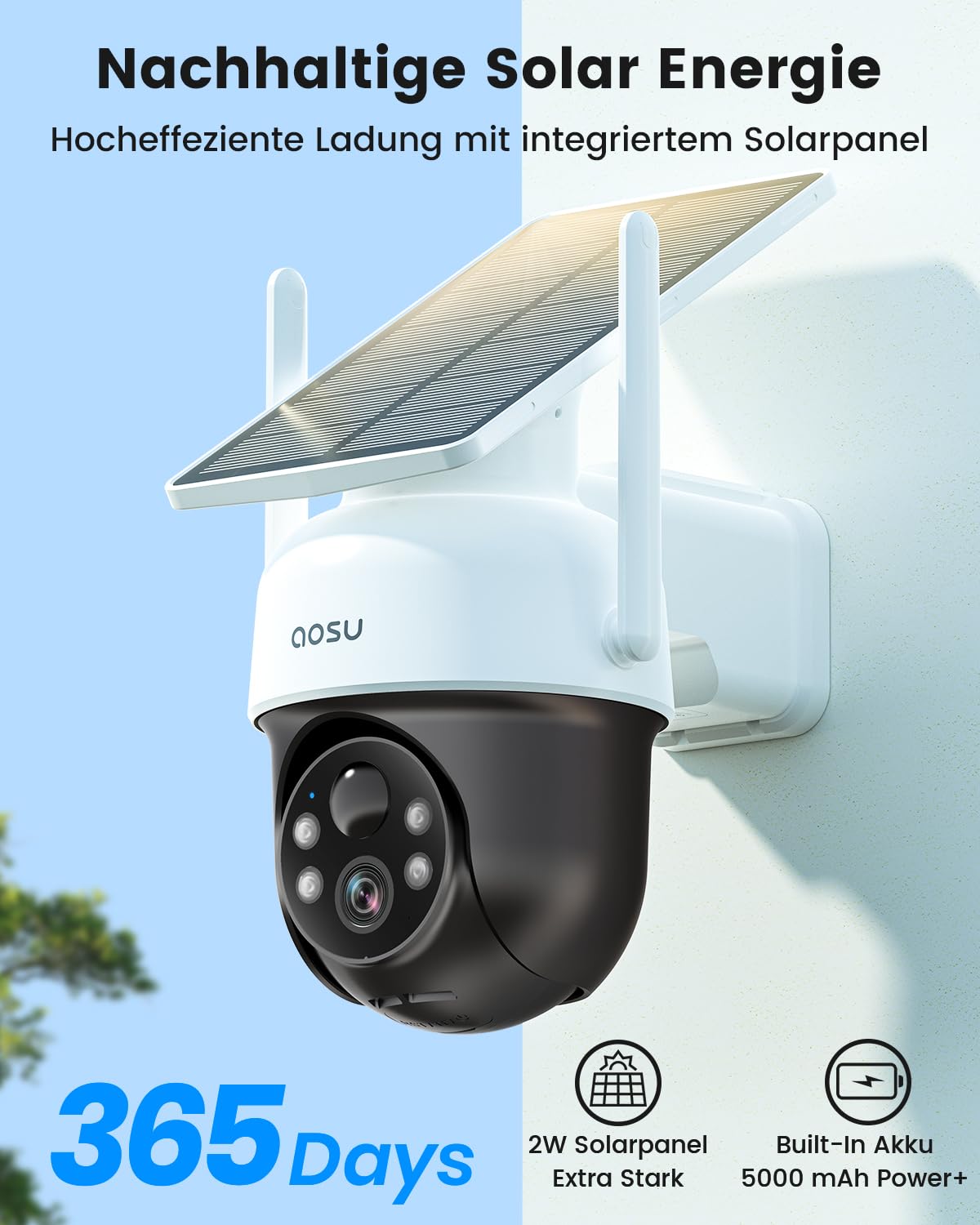 aosu 2K Überwachungskamera Aussen Solar Akku 3MP 360 PIR-Bewegungserkennung | Integrierter Solarpanel Automatische Verfolgung Kamera Überwachug Aussen Farb-Nachtsicht Ton- & Lichtalarm 2-Wege-Audio IP65