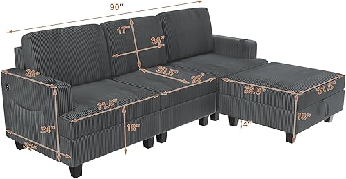 Miniatura 2 de Sofá modular modular en forma de L para sala de estar, cómodos sofás seccionales grises con almacenamiento y USB, sofás modulares modernos para